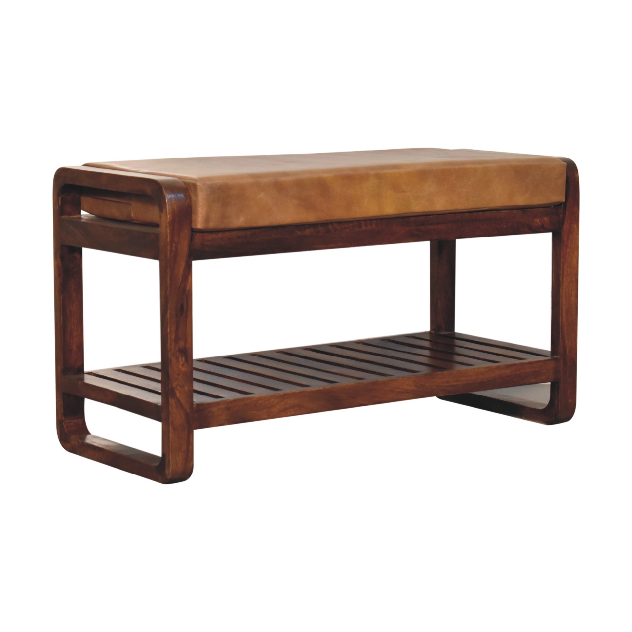 Solid Mango Wood Chestnut Finished Small Leather Upholstered Slatted Hallway Bench - Image 3