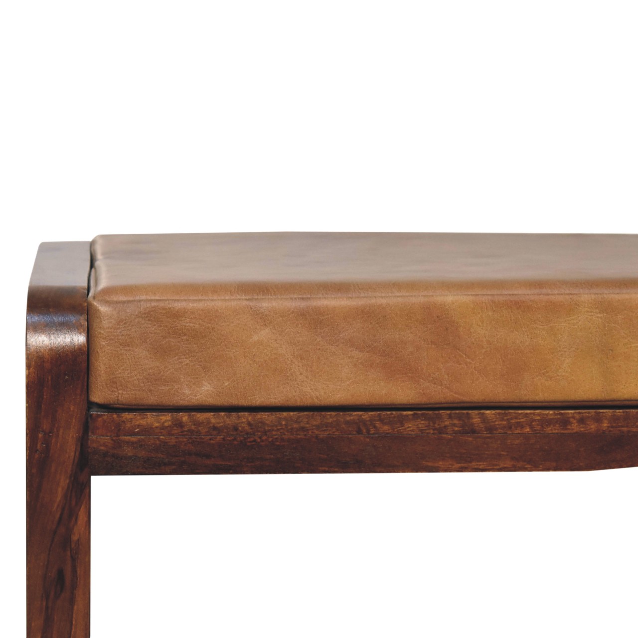 Solid Mango Wood Chestnut Finished Small Leather Upholstered Slatted Hallway Bench - Image 4