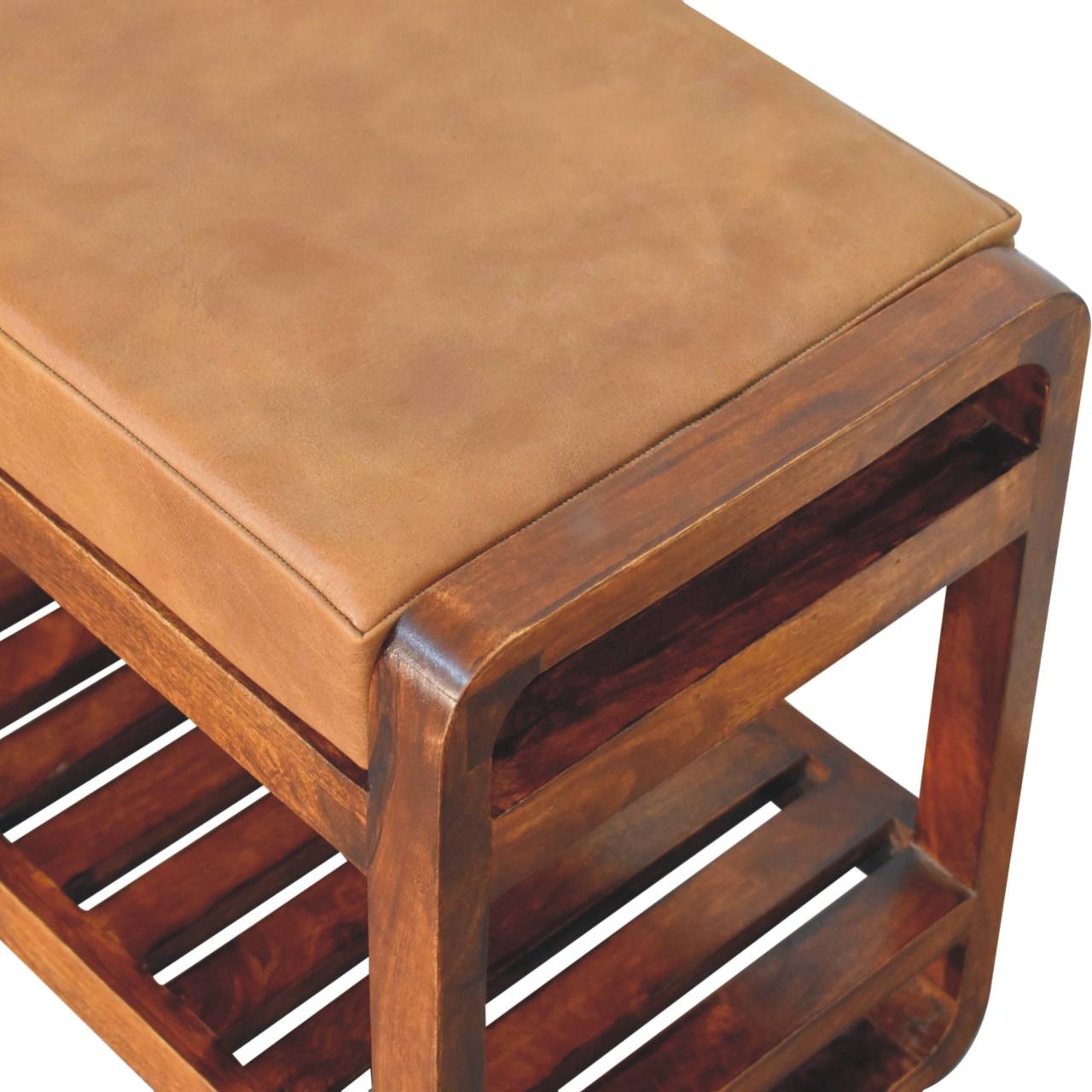 Solid Mango Wood Chestnut Finished Small Leather Upholstered Slatted Hallway Bench - Image 5