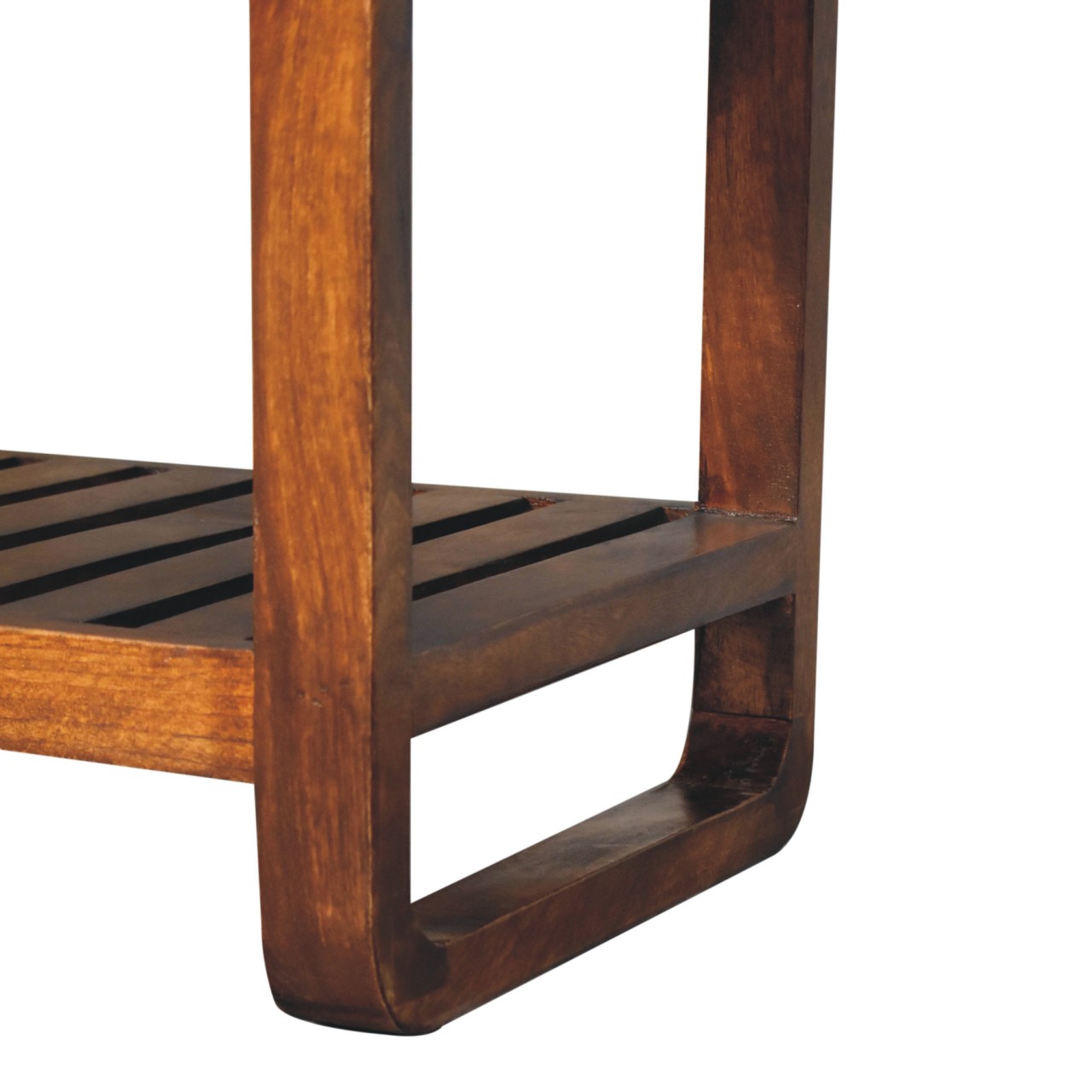 Solid Mango Wood Chestnut Finished Small Leather Upholstered Slatted Hallway Bench - Image 7