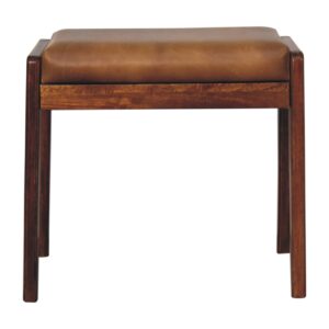 Solid Mango Wood Chestnut Finished Tan Leather Upholstered Footstool