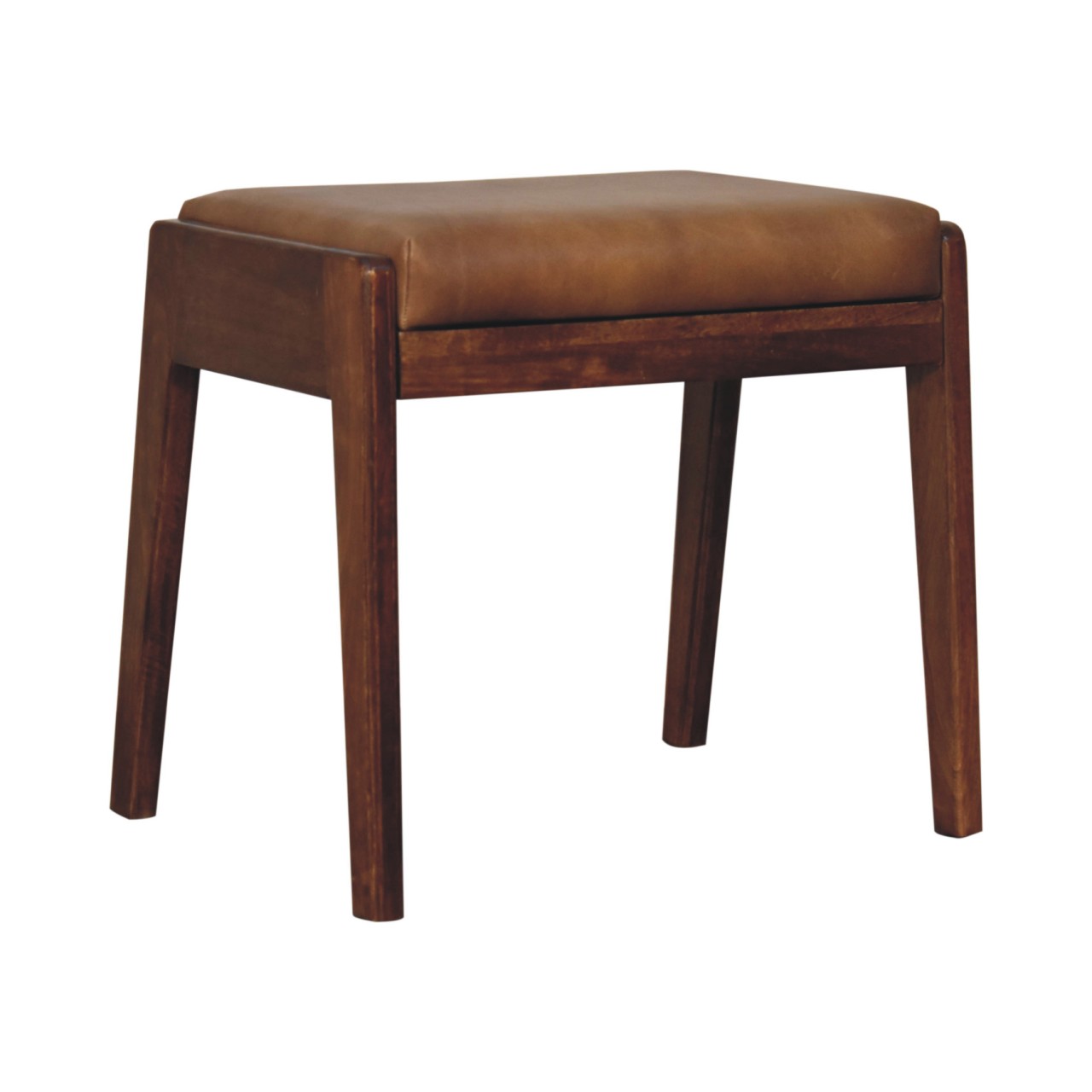 Solid Mango Wood Chestnut Finished Tan Leather Upholstered Footstool - Image 2