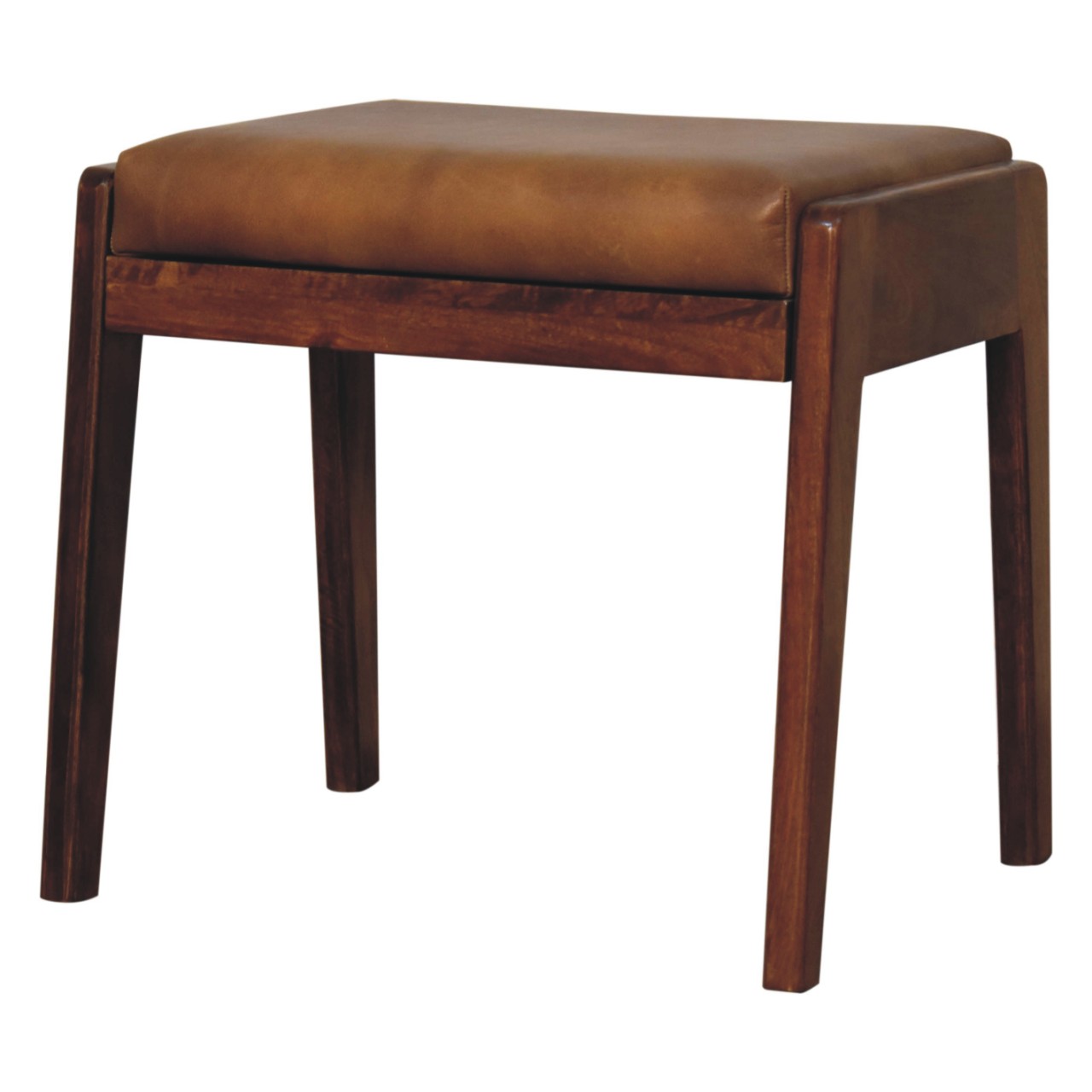 Solid Mango Wood Chestnut Finished Tan Leather Upholstered Footstool - Image 3
