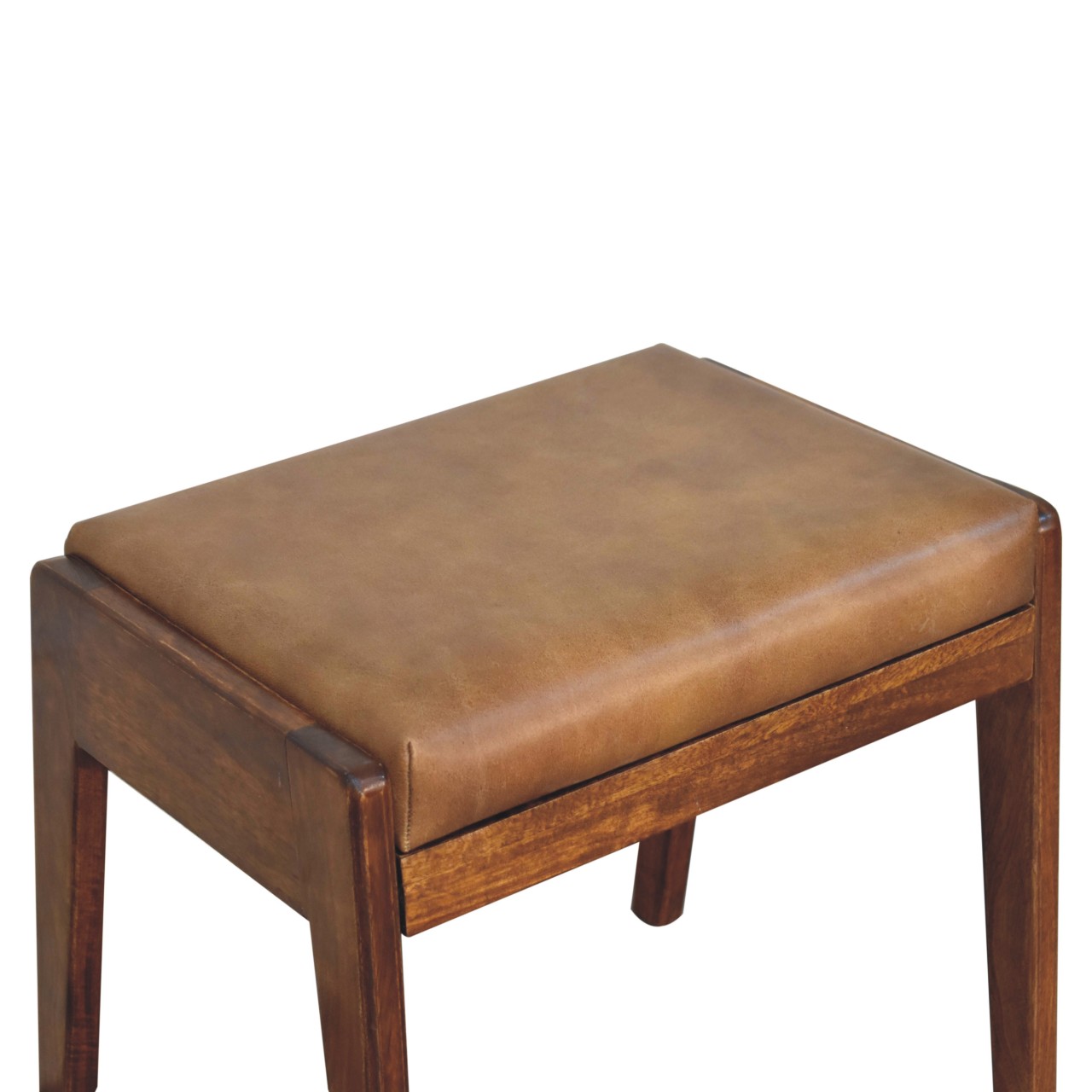 Solid Mango Wood Chestnut Finished Tan Leather Upholstered Footstool - Image 6