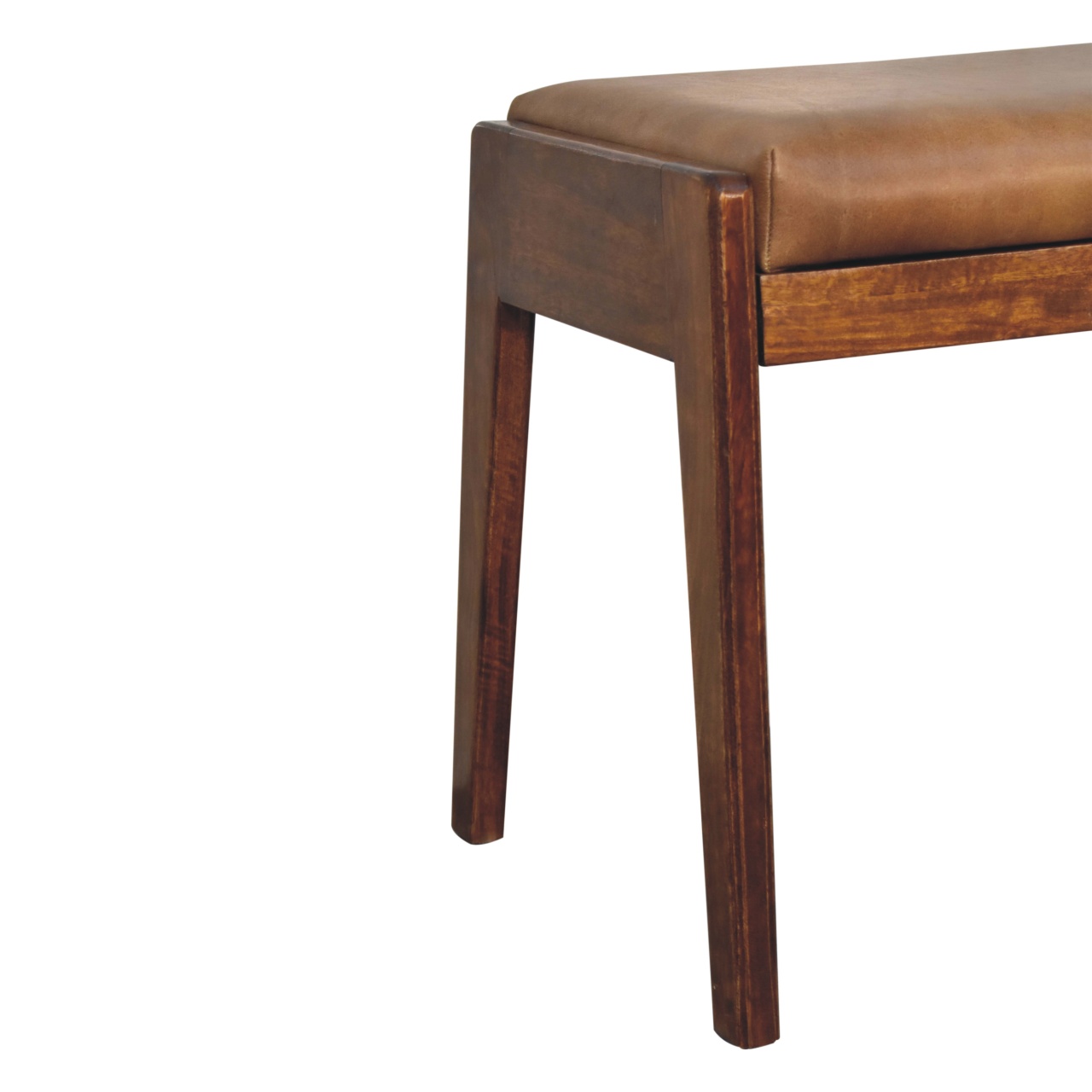 Solid Mango Wood Chestnut Finished Tan Leather Upholstered Footstool - Image 7
