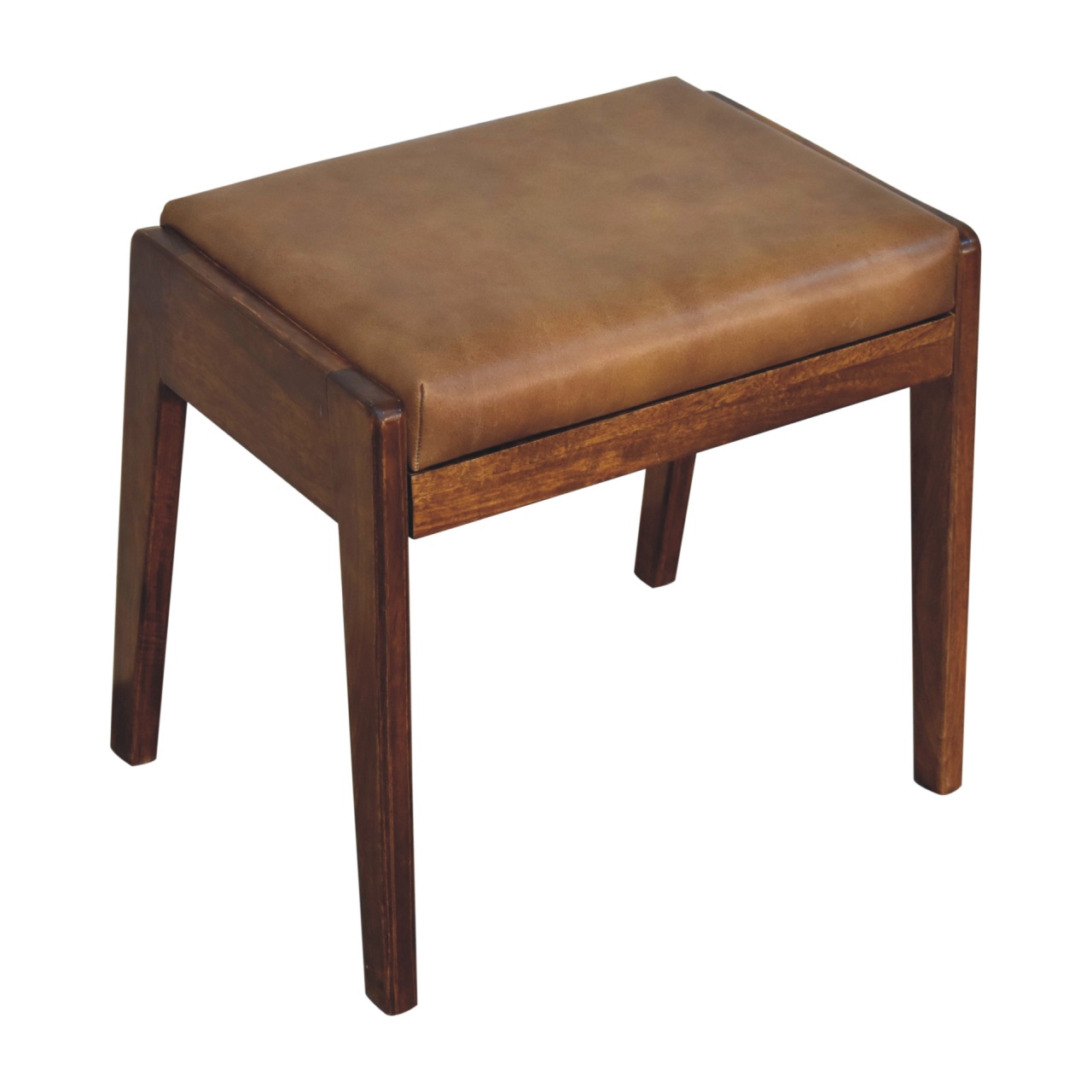 Solid Mango Wood Chestnut Finished Tan Leather Upholstered Footstool - Image 8