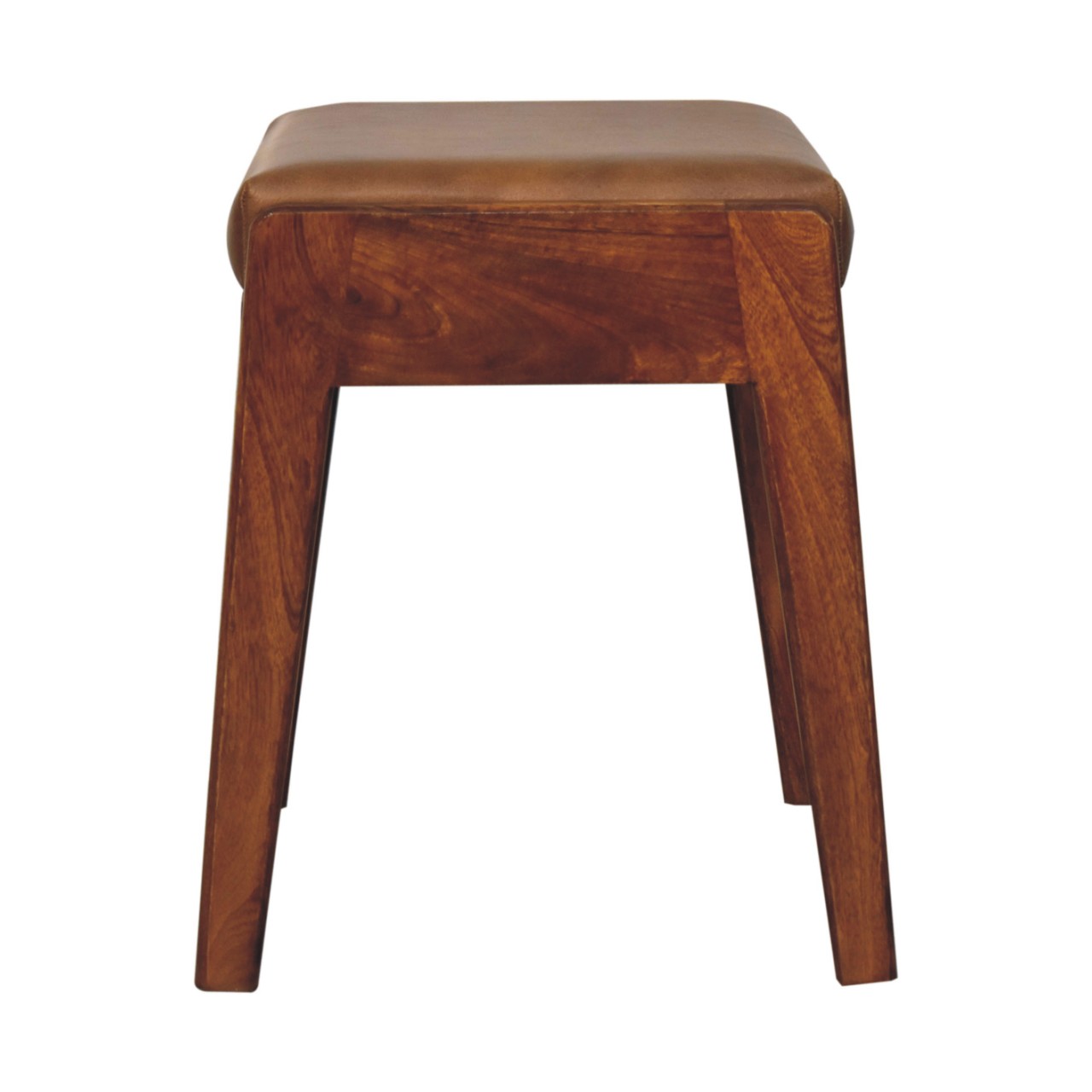Solid Mango Wood Chestnut Finished Tan Leather Upholstered Footstool - Image 9