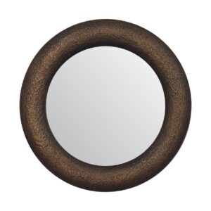 Solid Mango Wood Natural Finished Round Metallic Hammered Mirror