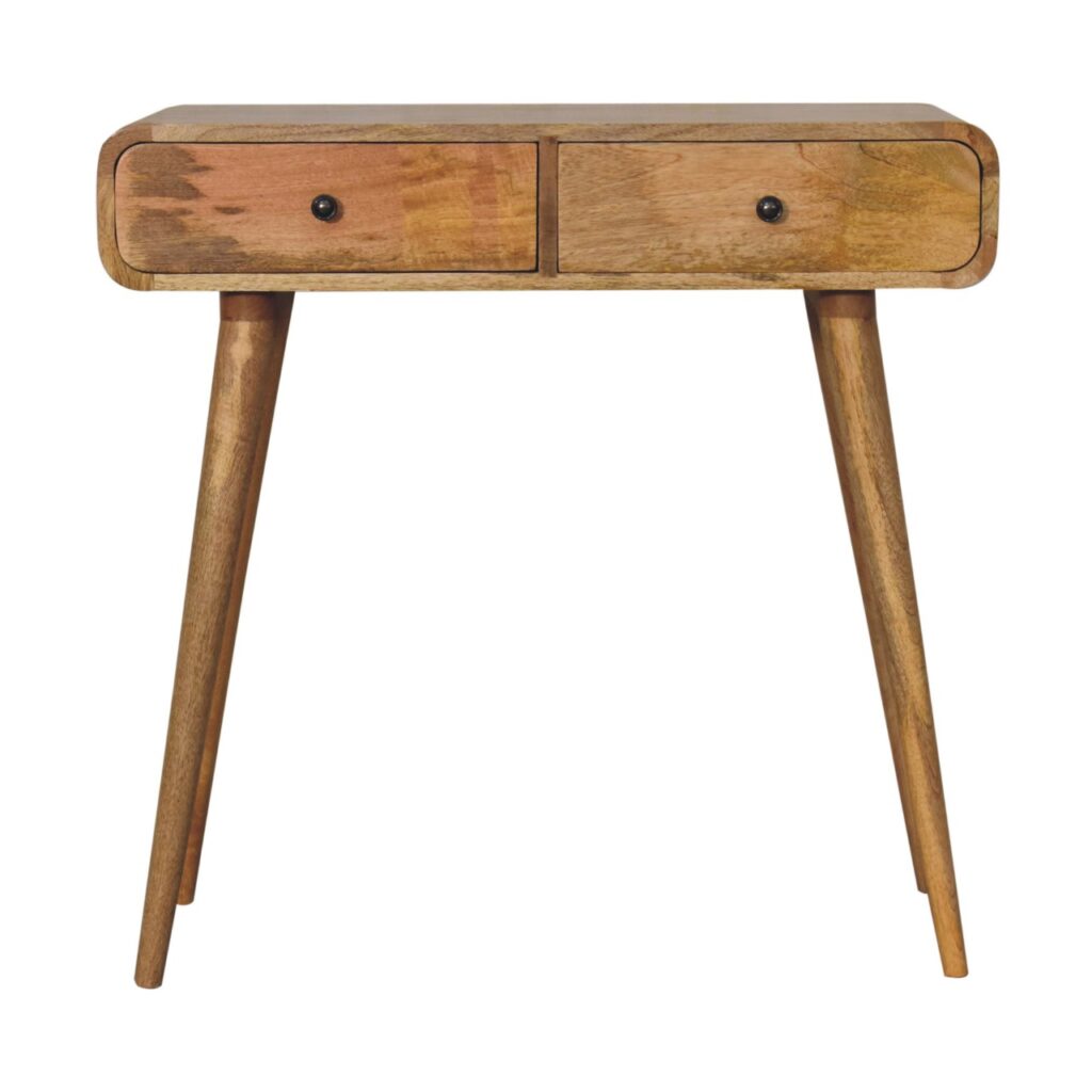 Solid Mango Wood Oak Finish 2 Drawer Curved Hallway Table