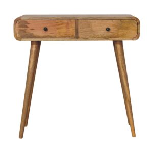 Solid Mango Wood Oak Finish 2 Drawer Curved Hallway Table
