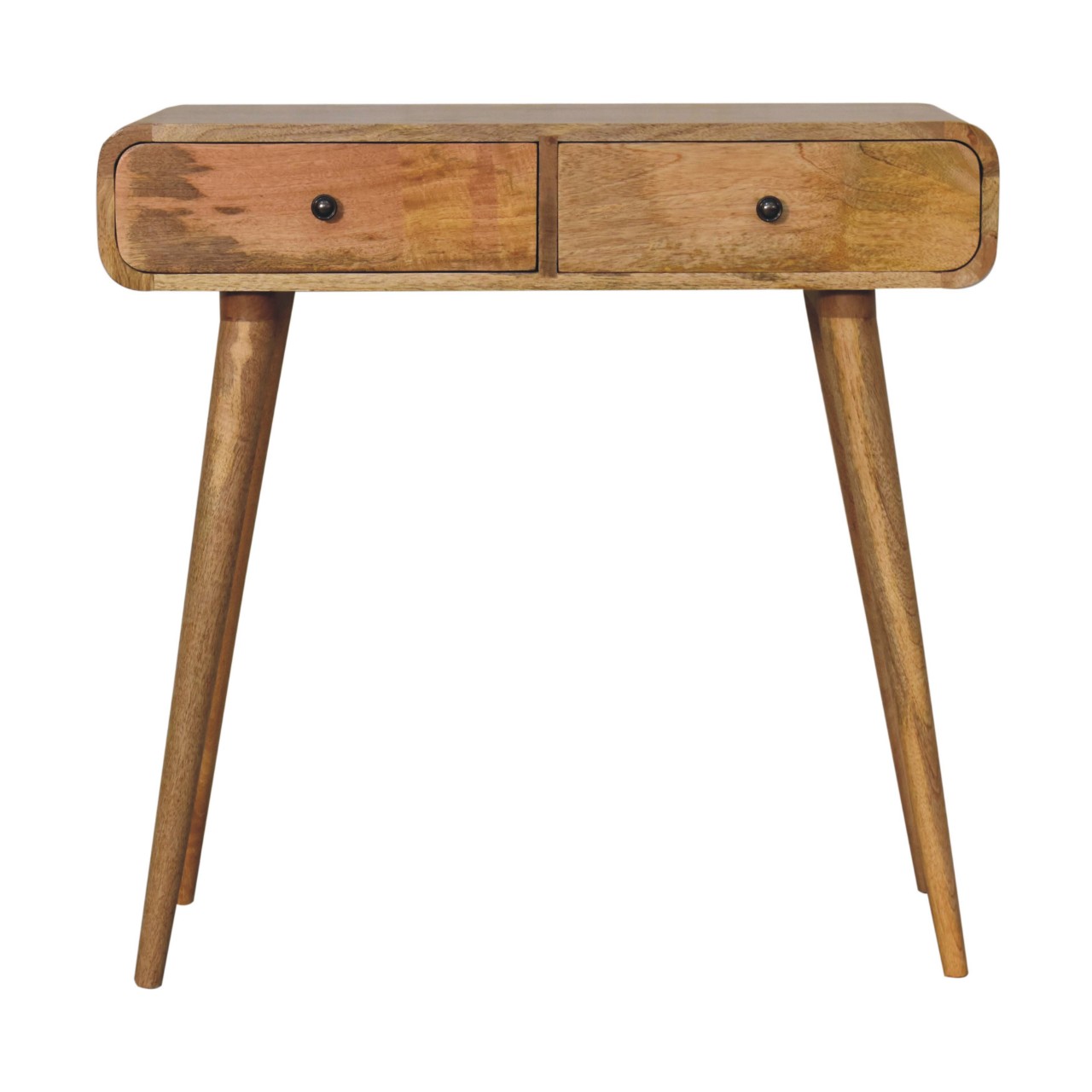 Solid Mango Wood Oak Finish 2 Drawer Curved Hallway Table