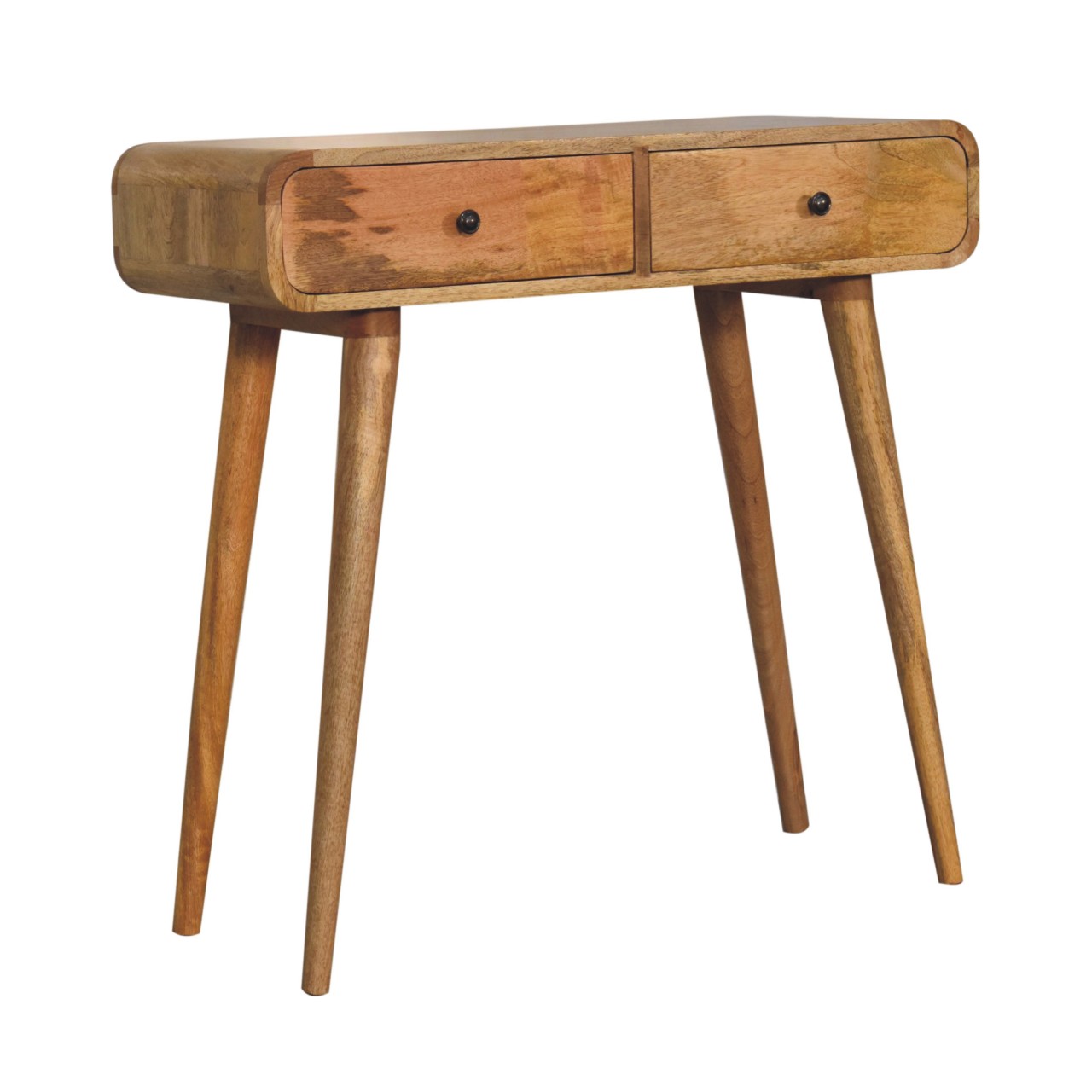 Solid Mango Wood Oak Finish 2 Drawer Curved Hallway Table - Image 3