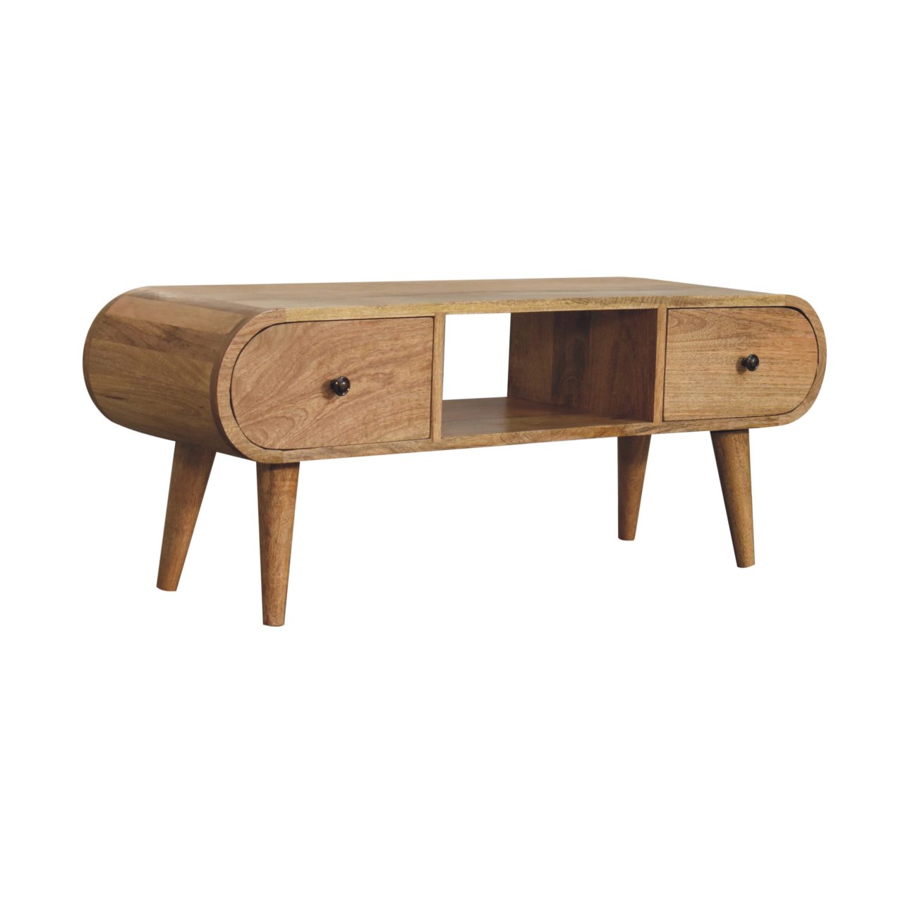 Solid Mango Wood Oak Finished 2 Drawer Circular TV Unit - Image 3