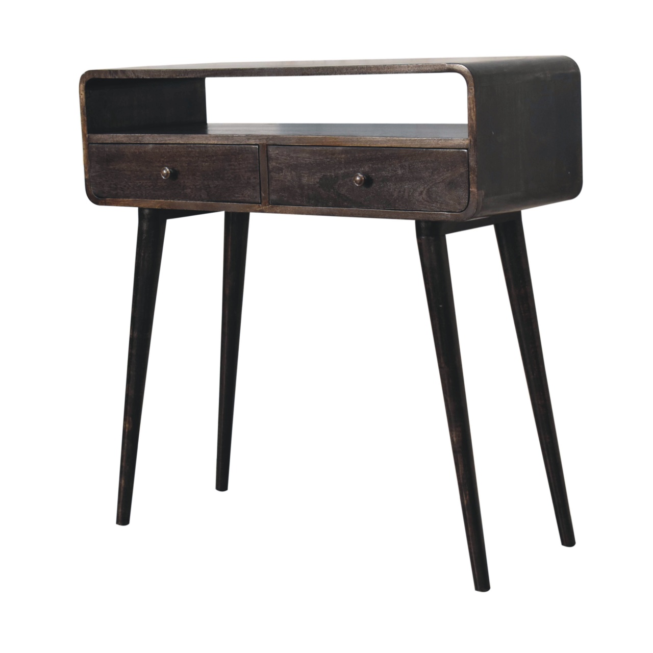 Solid Mango Wood Ash Black 2 Drawer Curved Console Table - Image 2