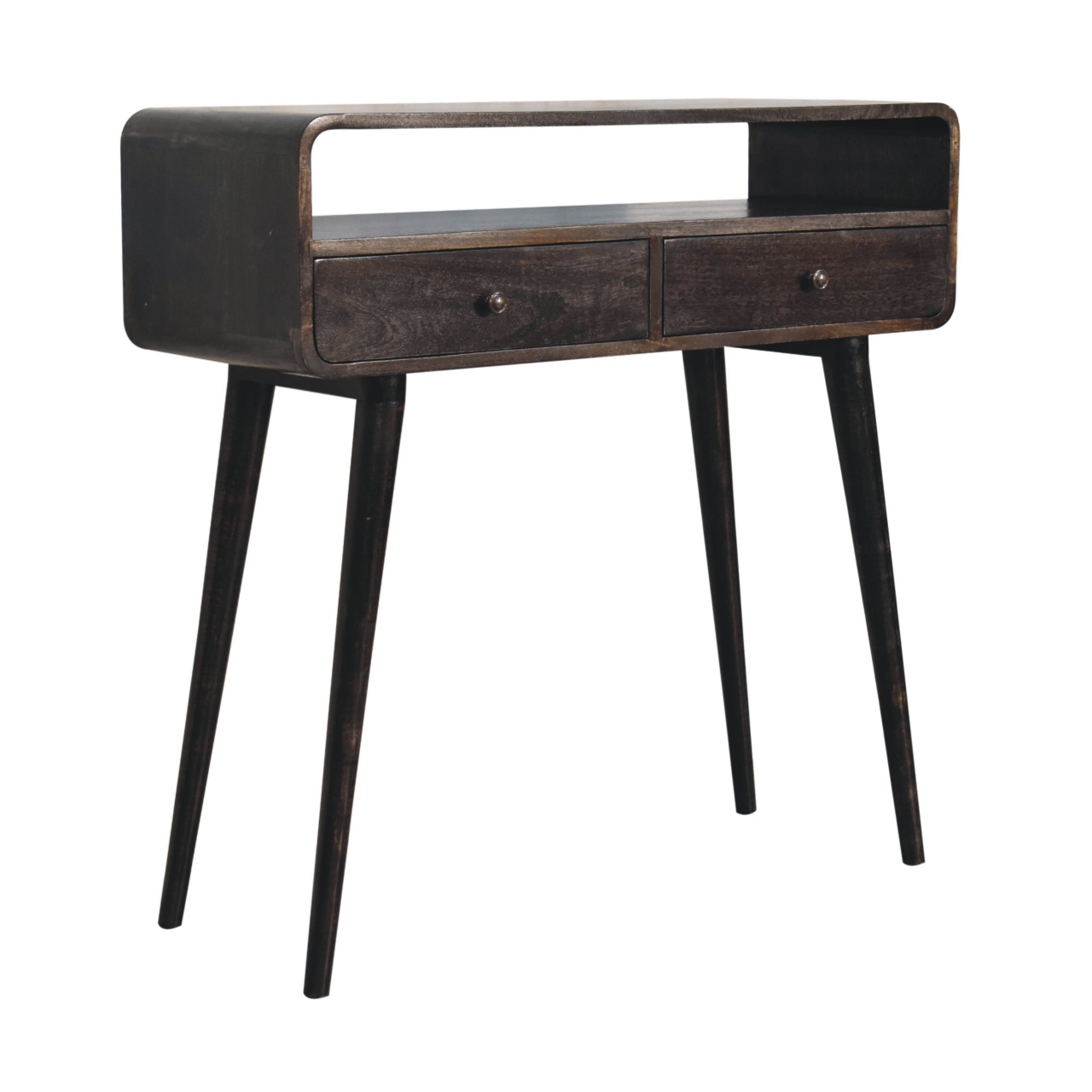 Solid Mango Wood Ash Black 2 Drawer Curved Console Table - Image 3