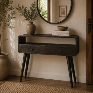 Solid Mango Wood Ash Black 2 Drawer Curved Console Table