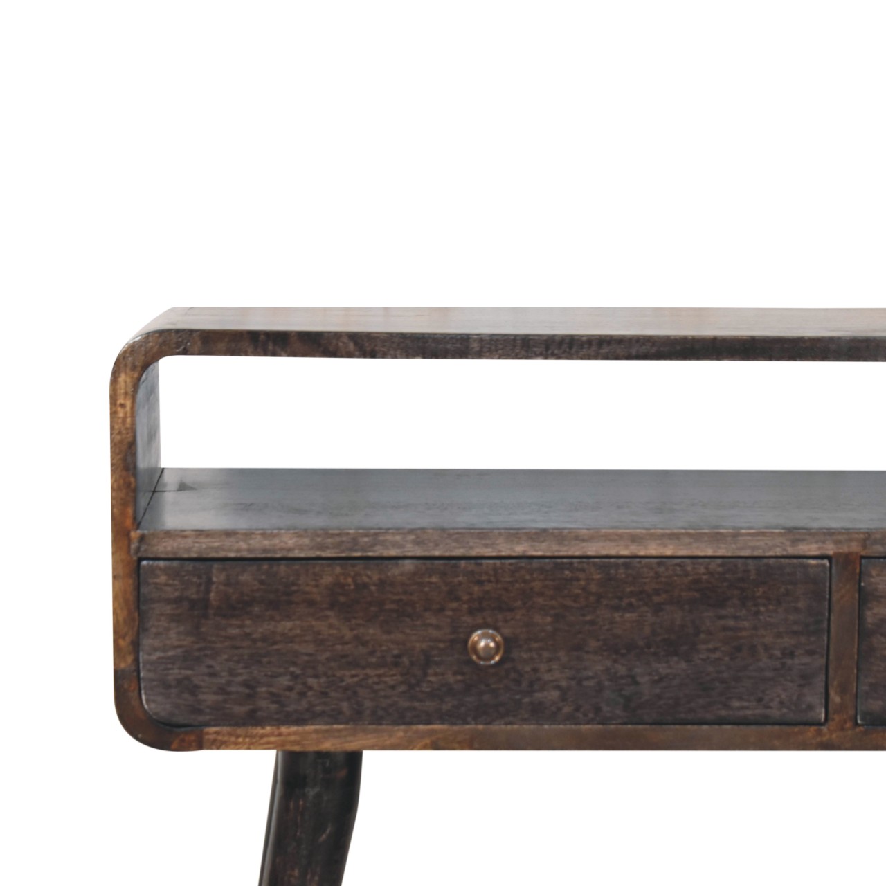 Solid Mango Wood Ash Black 2 Drawer Curved Console Table - Image 4