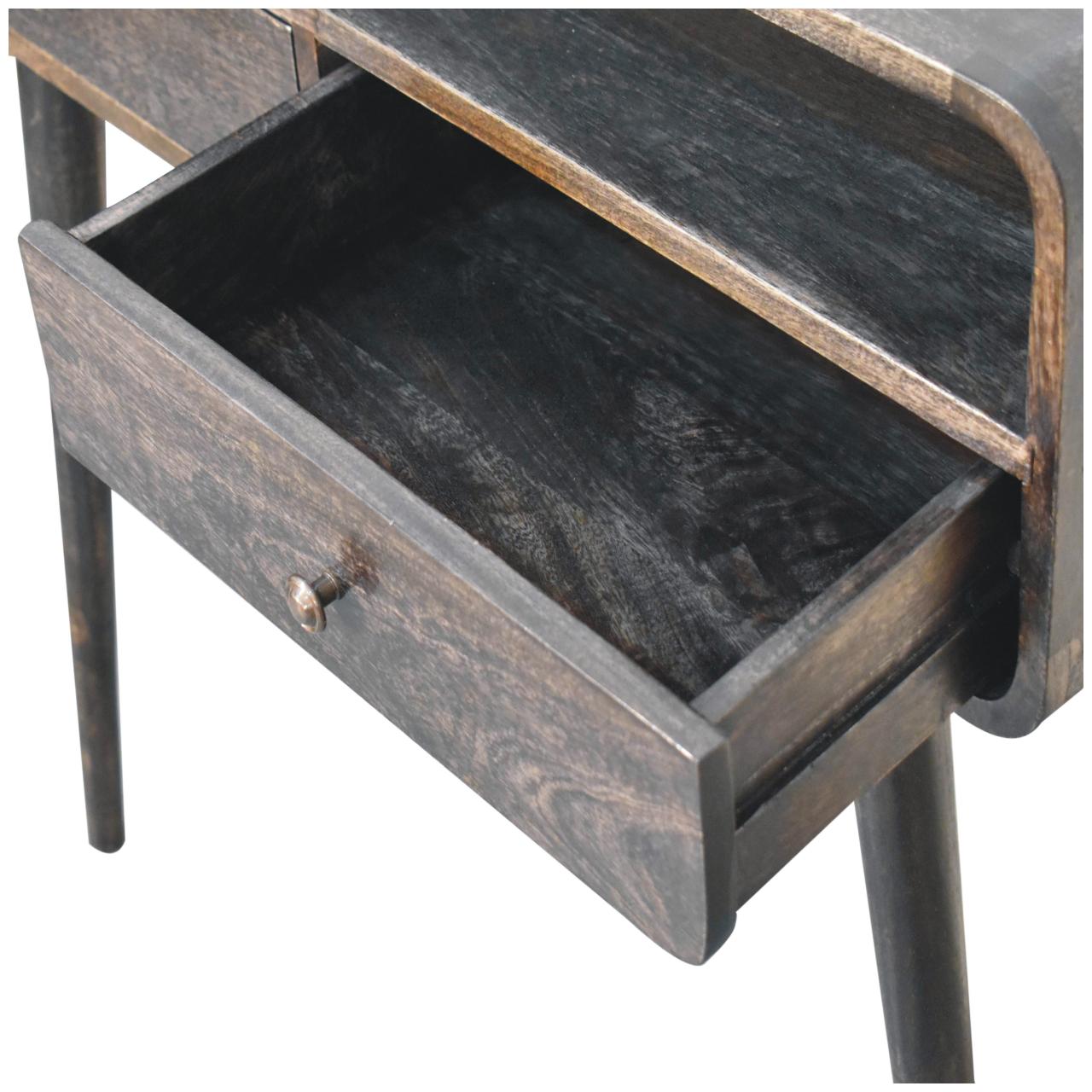 Solid Mango Wood Ash Black 2 Drawer Curved Console Table - Image 6