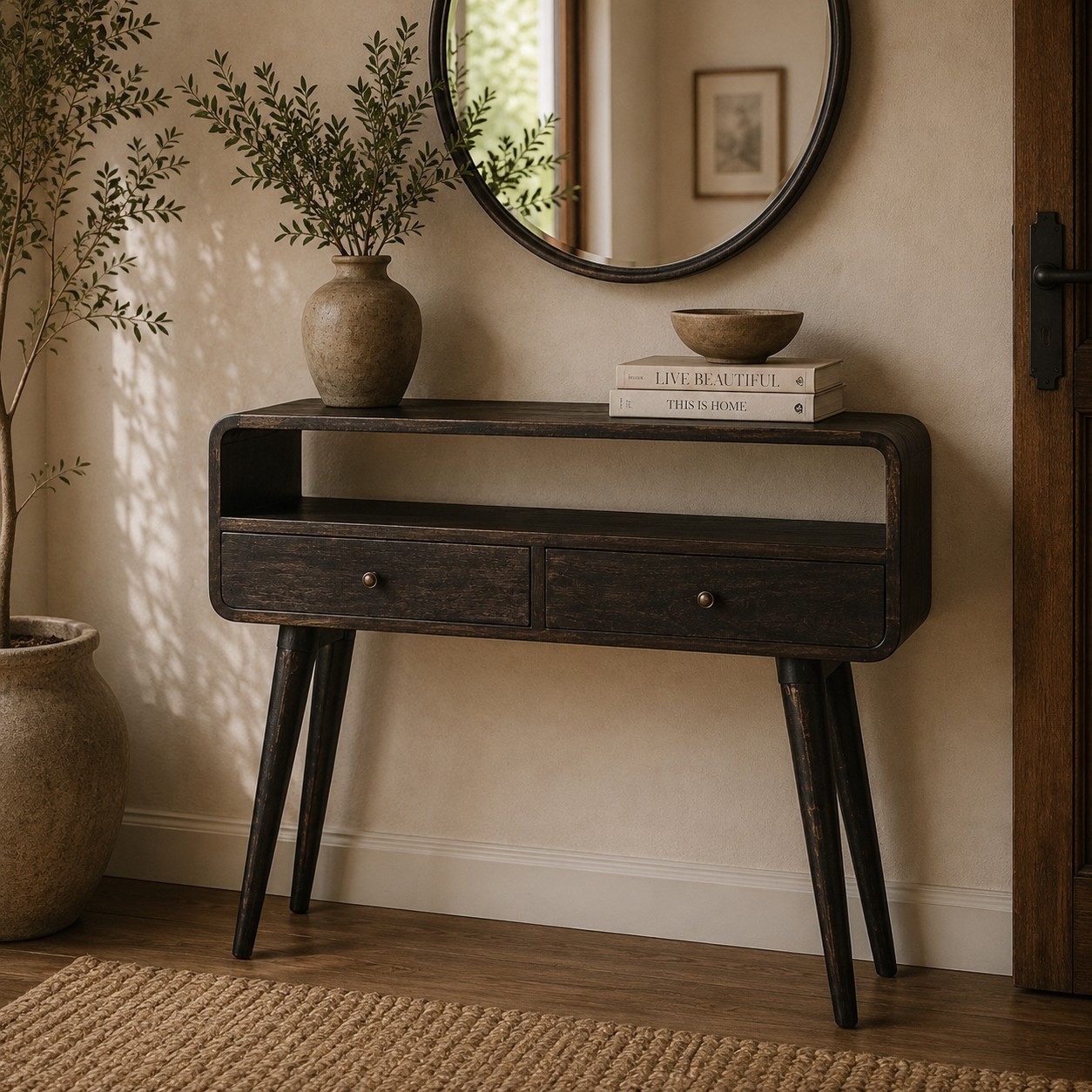 Solid Mango Wood Ash Black 2 Drawer Curved Console Table