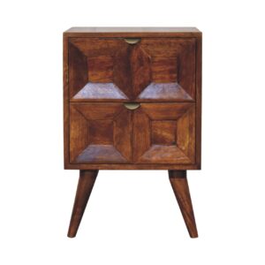 Solid Mango Wood Chestnut Finished 2 Drawer Quad Pattern Bedside