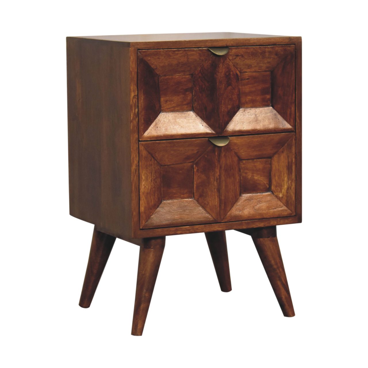 Solid Mango Wood Chestnut Finished 2 Drawer Quad Pattern Bedside - Image 2