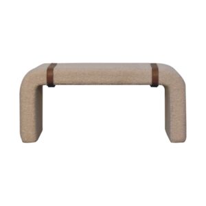 Solid Mango Wood  Boucle Upholstered with Leather Straps Bench