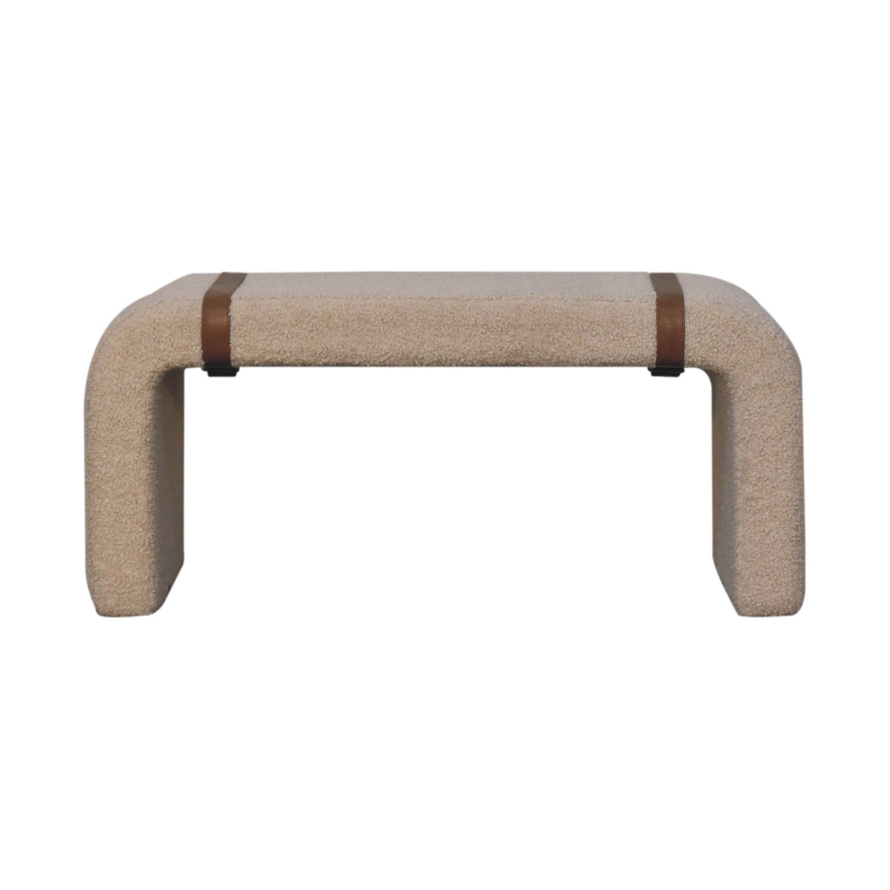 Solid Mango Wood Boucle Upholstered with Leather Straps Bench