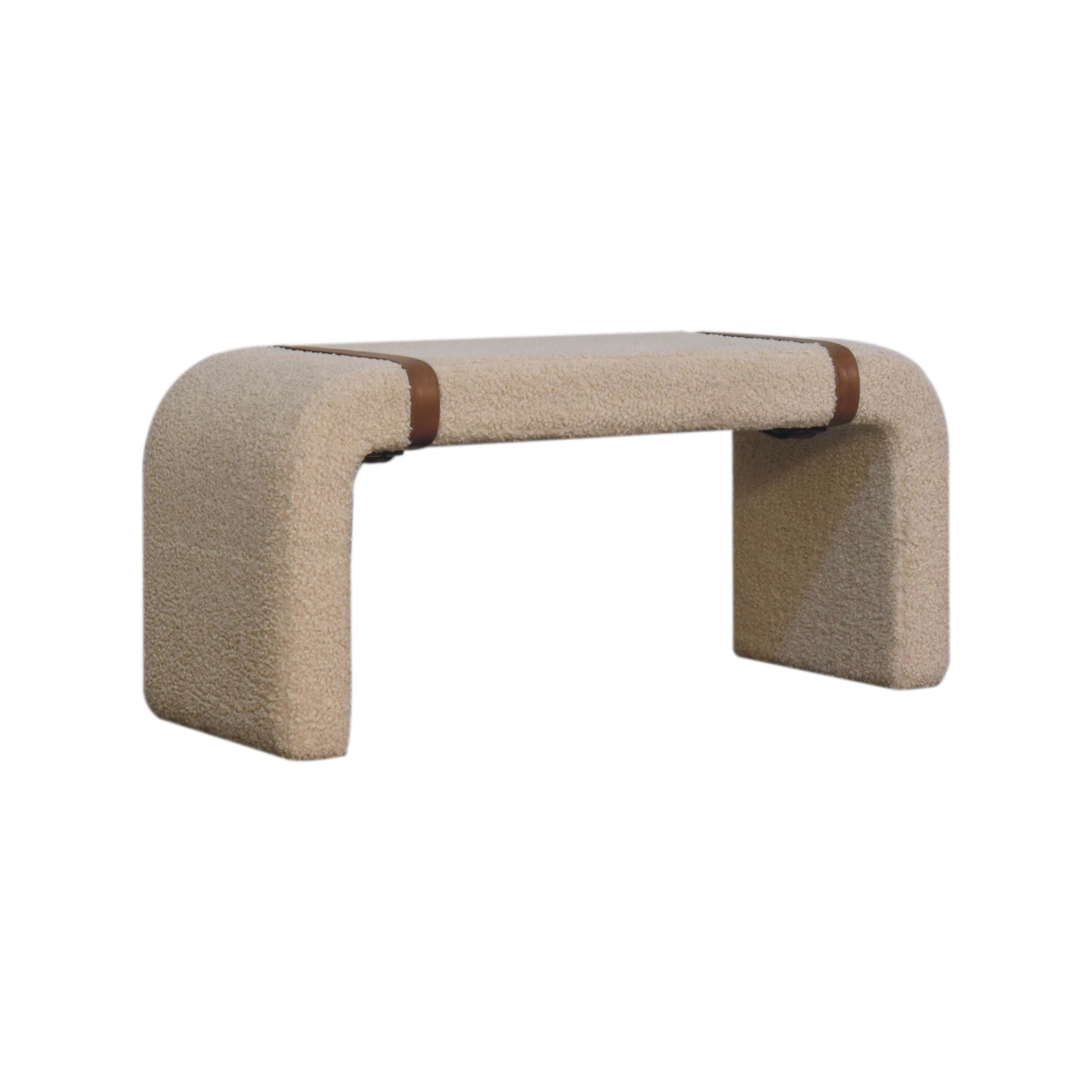 Solid Mango Wood Boucle Upholstered with Leather Straps Bench - Image 3
