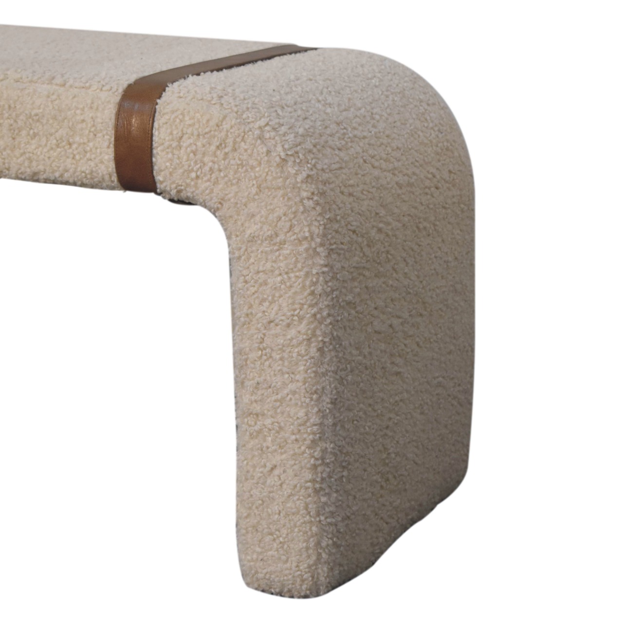 Solid Mango Wood Boucle Upholstered with Leather Straps Bench - Image 5