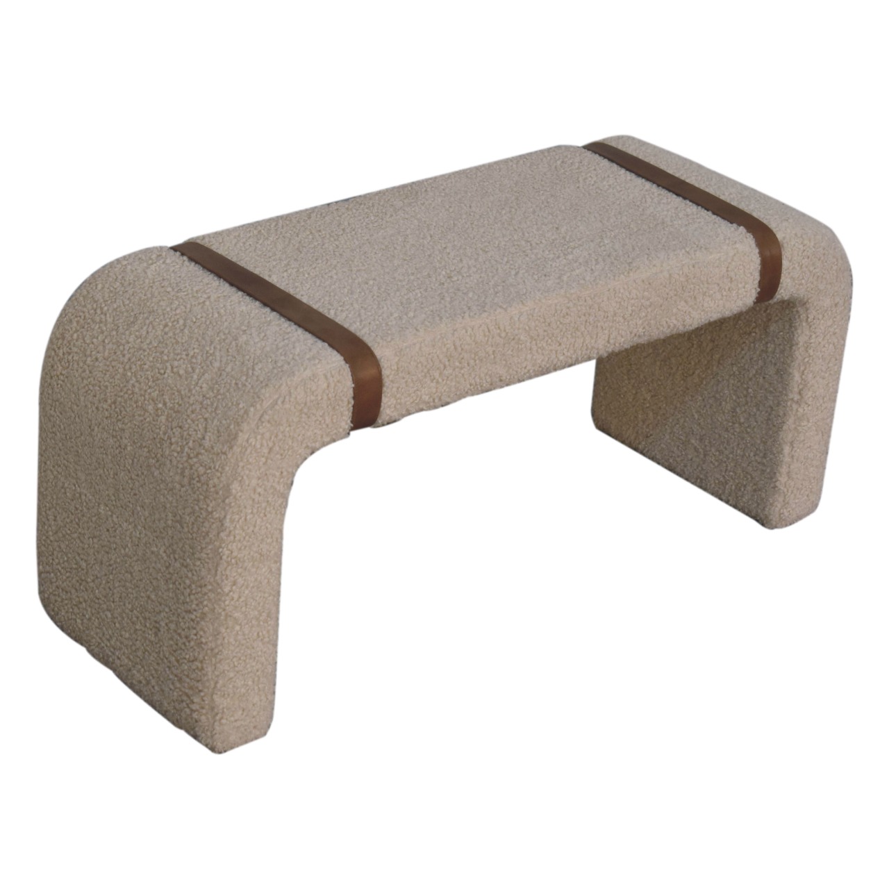 Solid Mango Wood Boucle Upholstered with Leather Straps Bench - Image 6