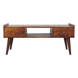Solid Mango Wood Chestnut Finished 2 Drawer Elevated  Coffee Table