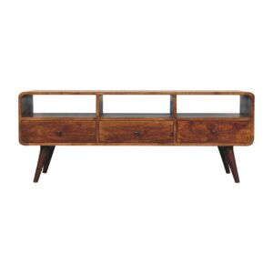 Solid Mango Wood Chestnut Finished Trio Drawer & Slots Curved  Media Unit