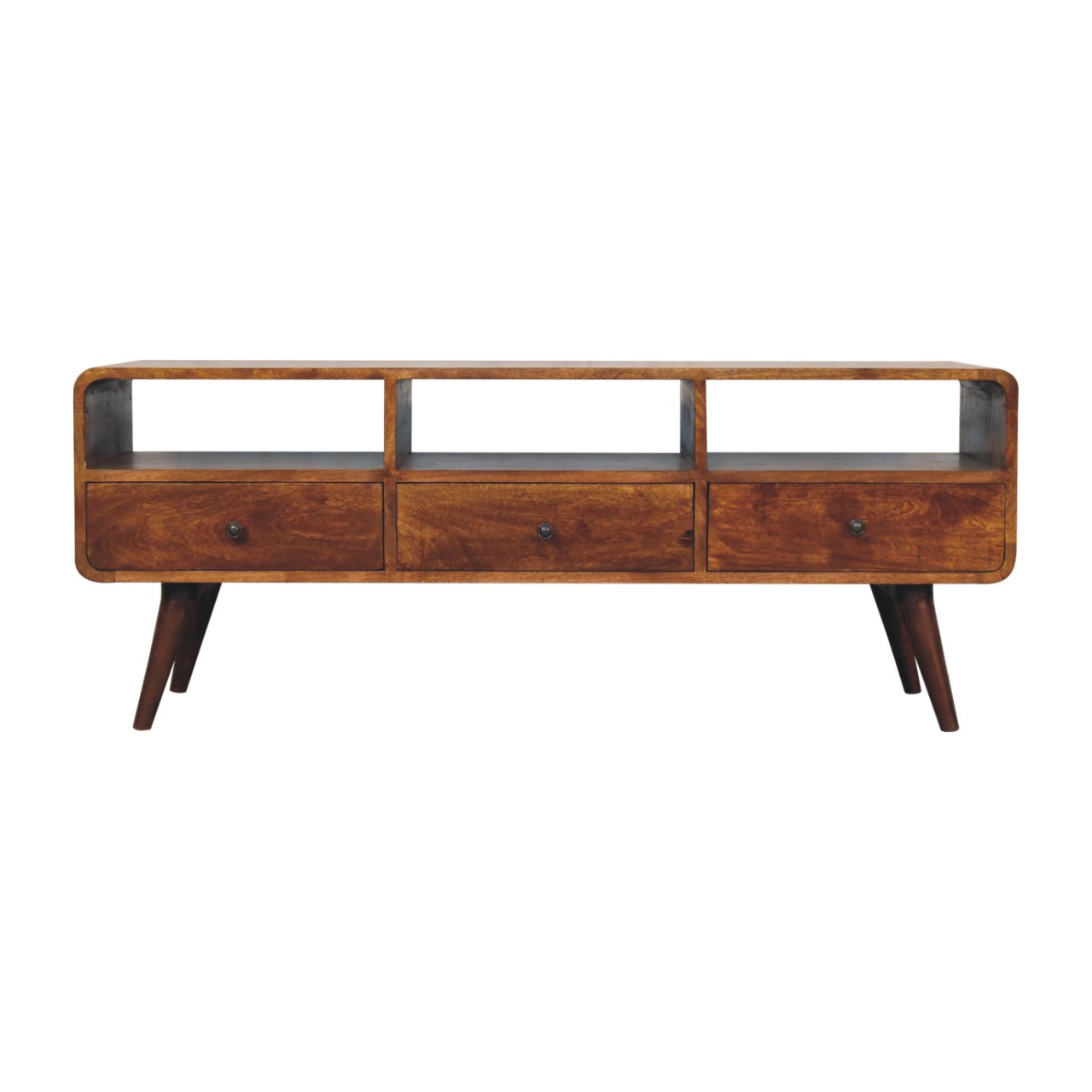 Solid Mango Wood Chestnut Finished Trio Drawer & Slots Curved Media Unit