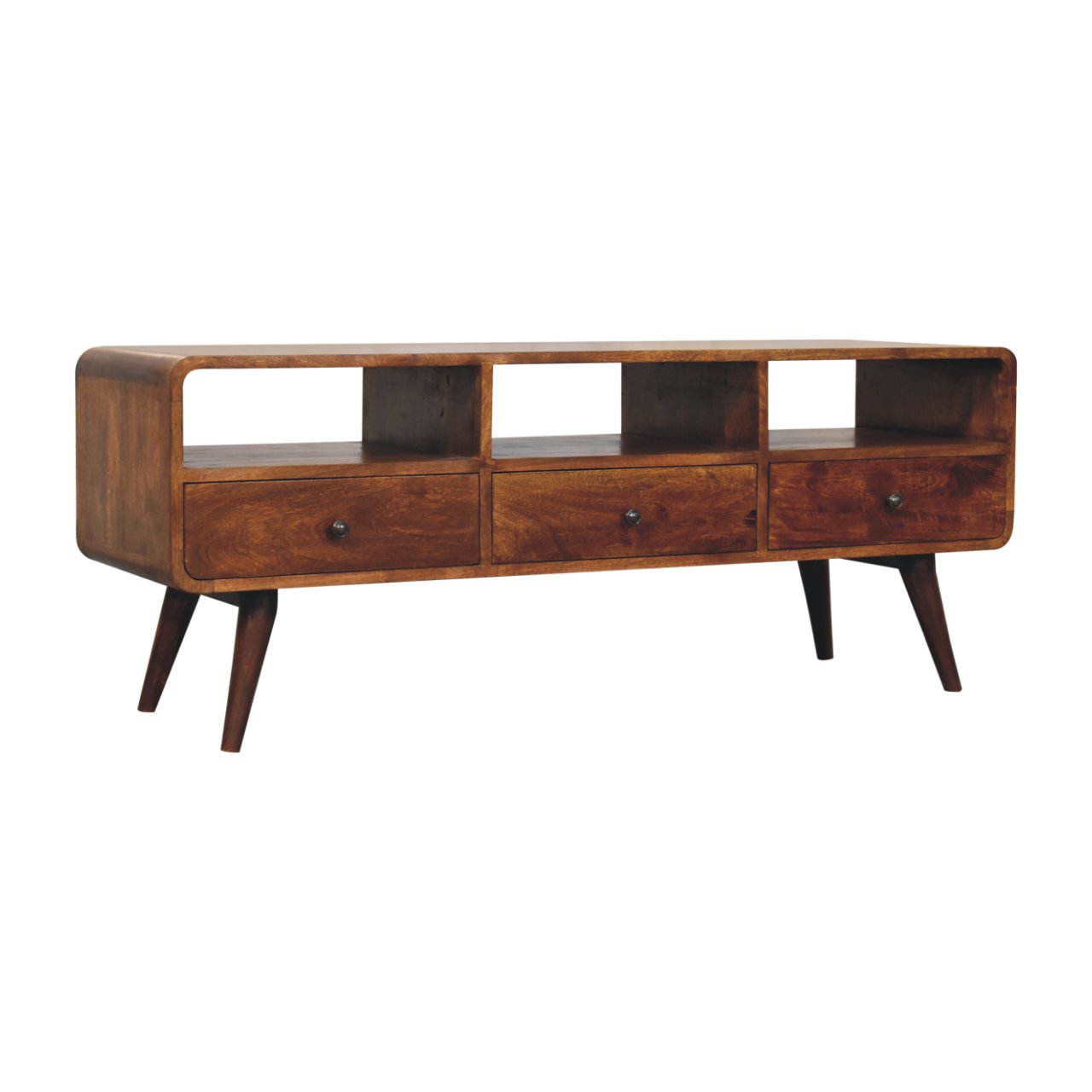 Solid Mango Wood Chestnut Finished Trio Drawer & Slots Curved Media Unit - Image 2