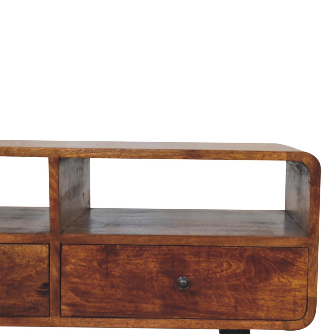 Solid Mango Wood Chestnut Finished Trio Drawer & Slots Curved Media Unit - Image 4