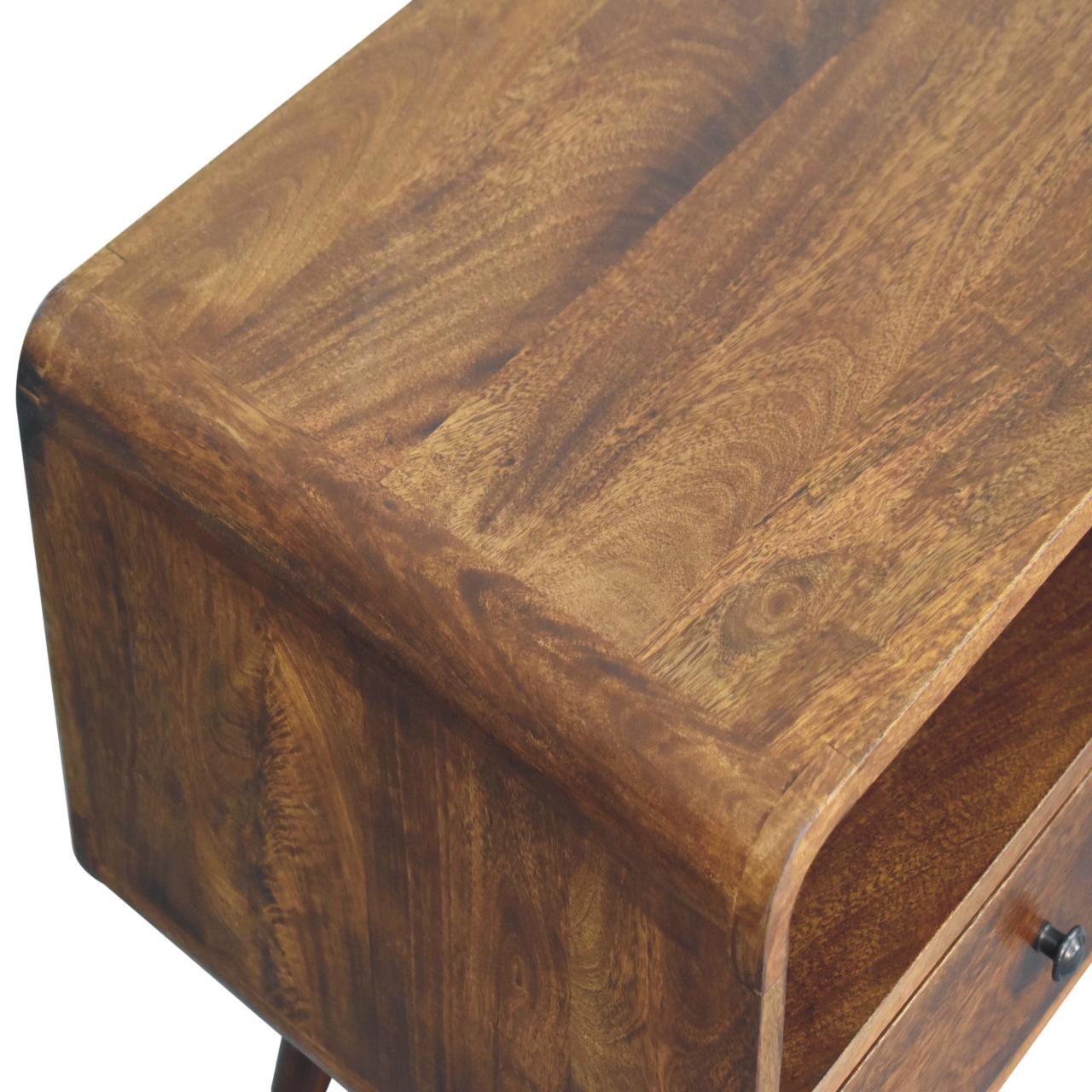 Solid Mango Wood Chestnut Finished Trio Drawer & Slots Curved Media Unit - Image 5