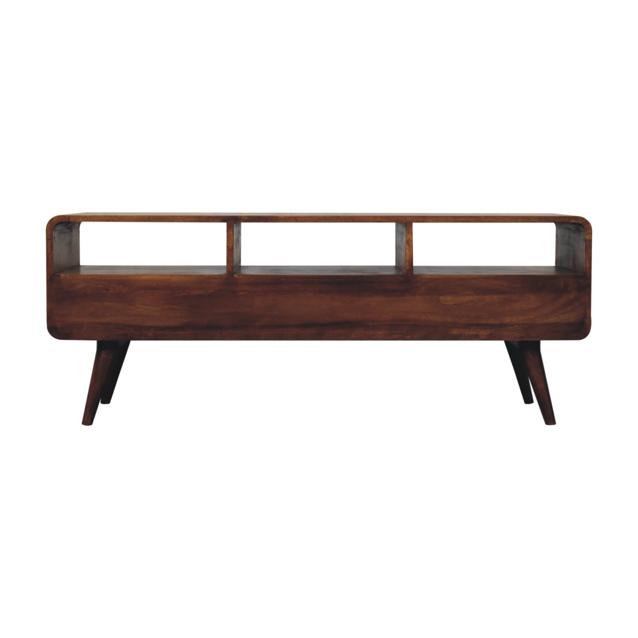 Solid Mango Wood Chestnut Finished Trio Drawer & Slots Curved Media Unit - Image 9