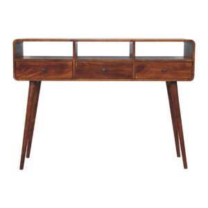 Solid Mango Wood Chestnut Finished 3 Drawer Curved Console Table
