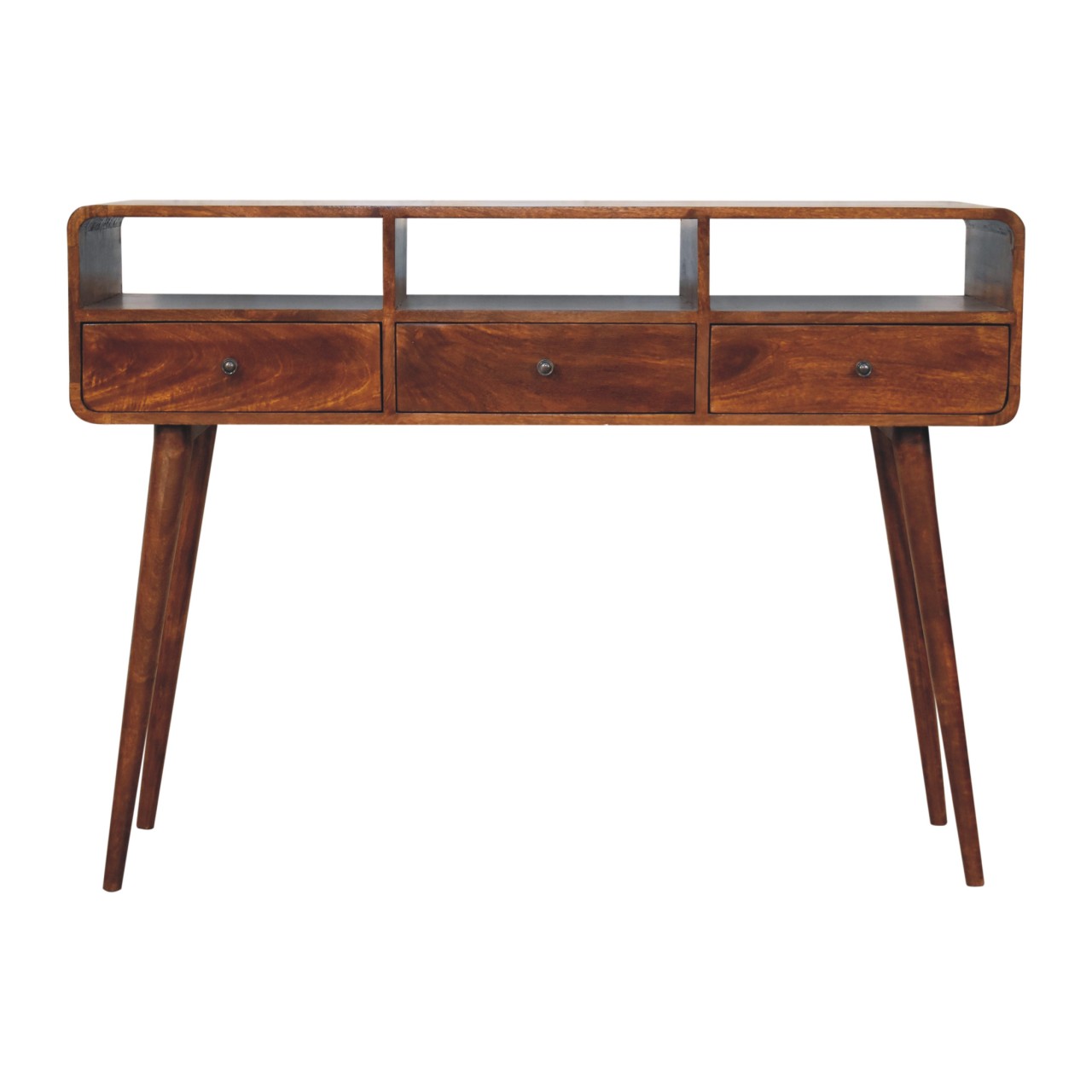 Solid Mango Wood Chestnut Finished 3 Drawer Curved Console Table