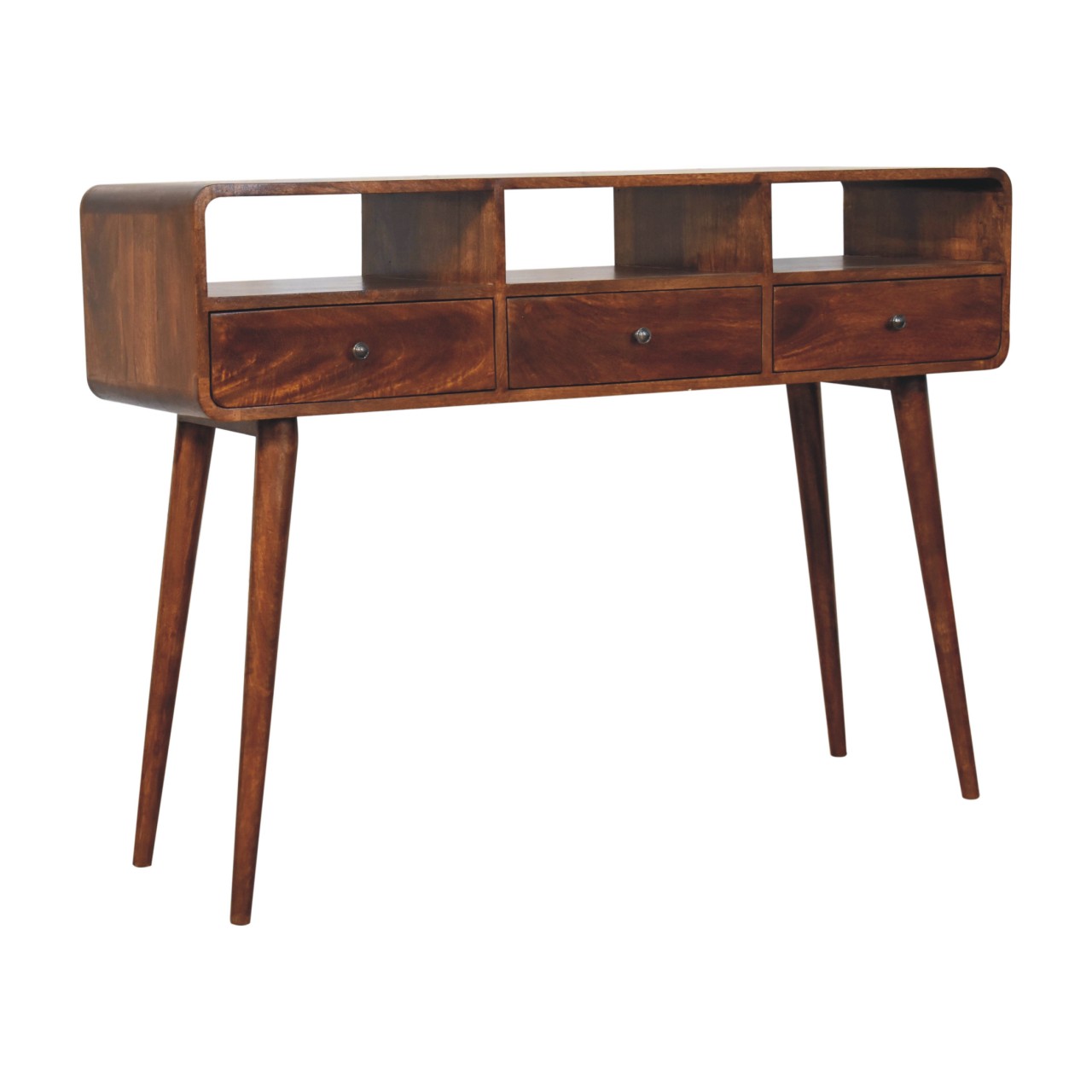 Solid Mango Wood Chestnut Finished 3 Drawer Curved Console Table - Image 2