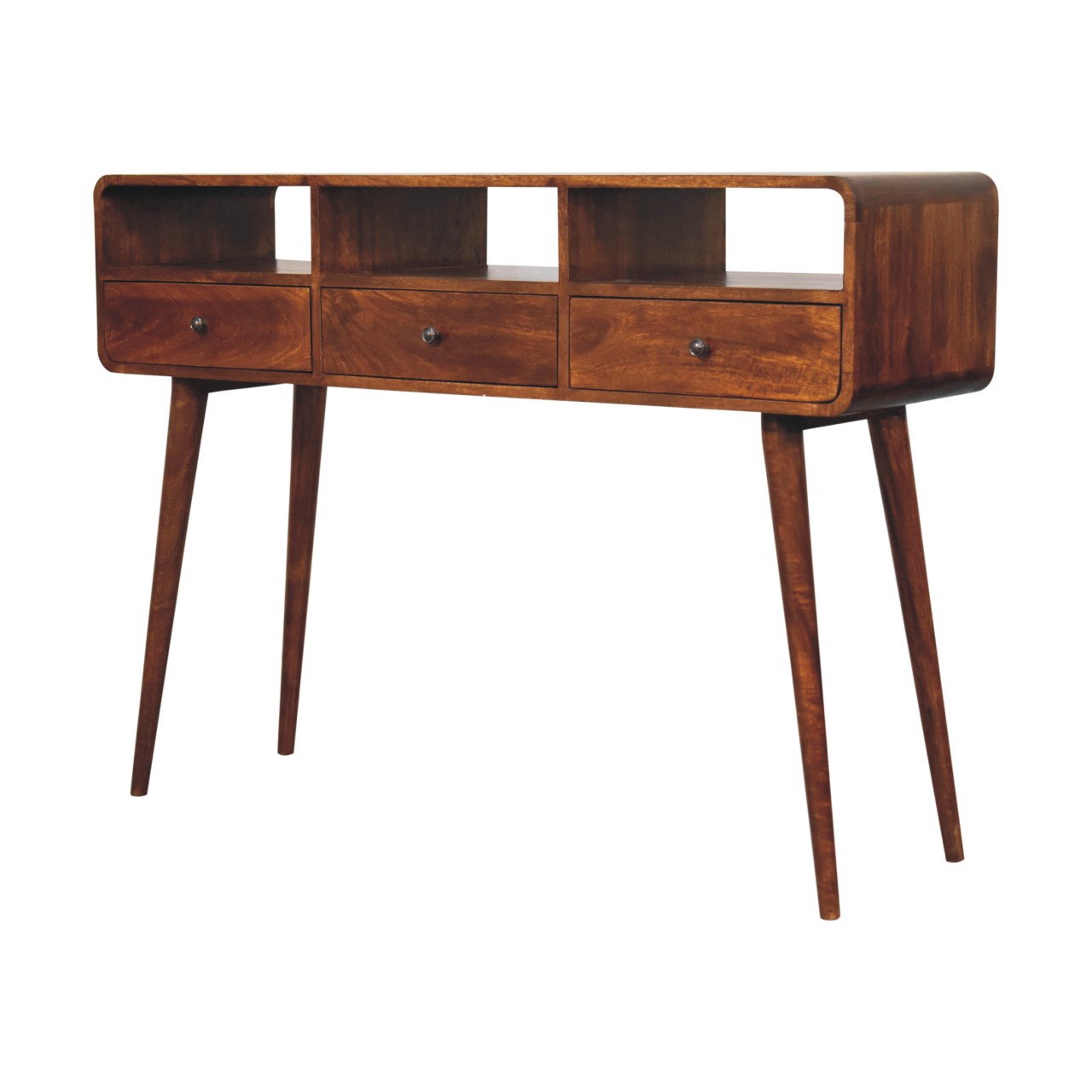 Solid Mango Wood Chestnut Finished 3 Drawer Curved Console Table - Image 3