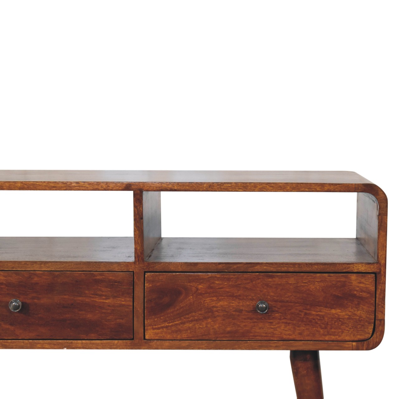 Solid Mango Wood Chestnut Finished 3 Drawer Curved Console Table - Image 4