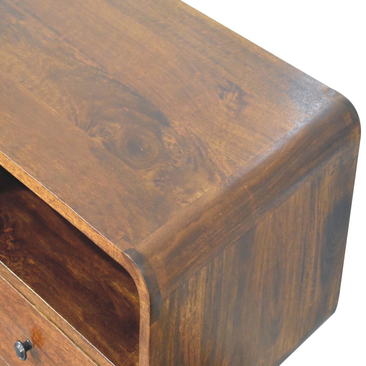 Solid Mango Wood Chestnut Finished 3 Drawer Curved Console Table - Image 5
