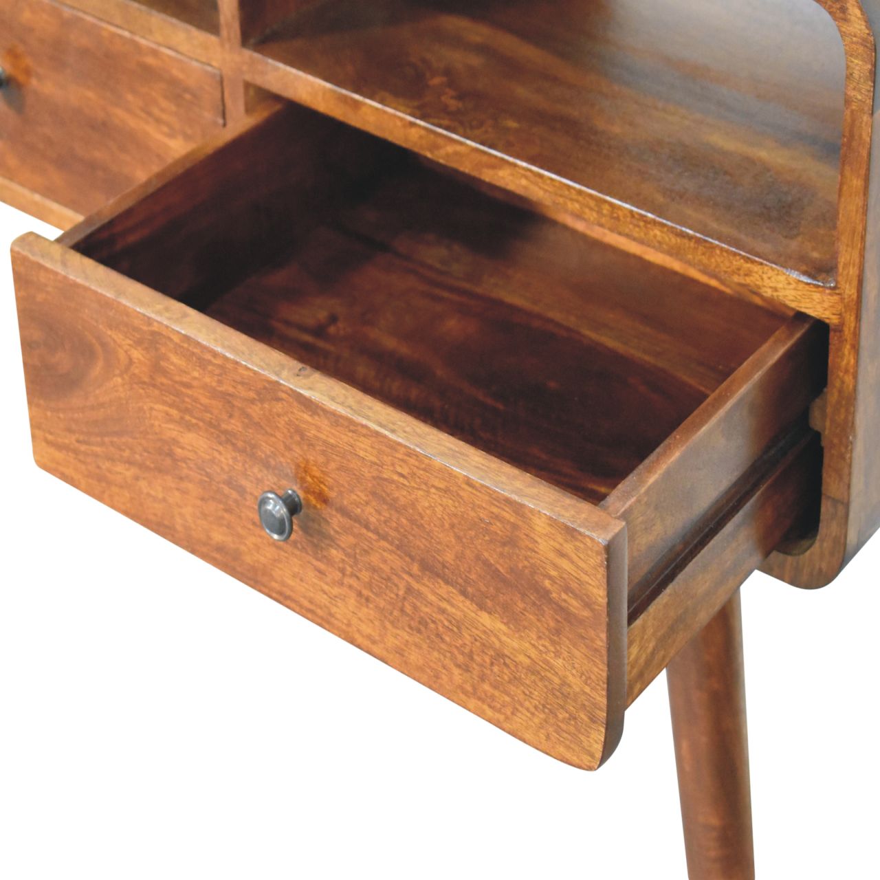 Solid Mango Wood Chestnut Finished 3 Drawer Curved Console Table - Image 6