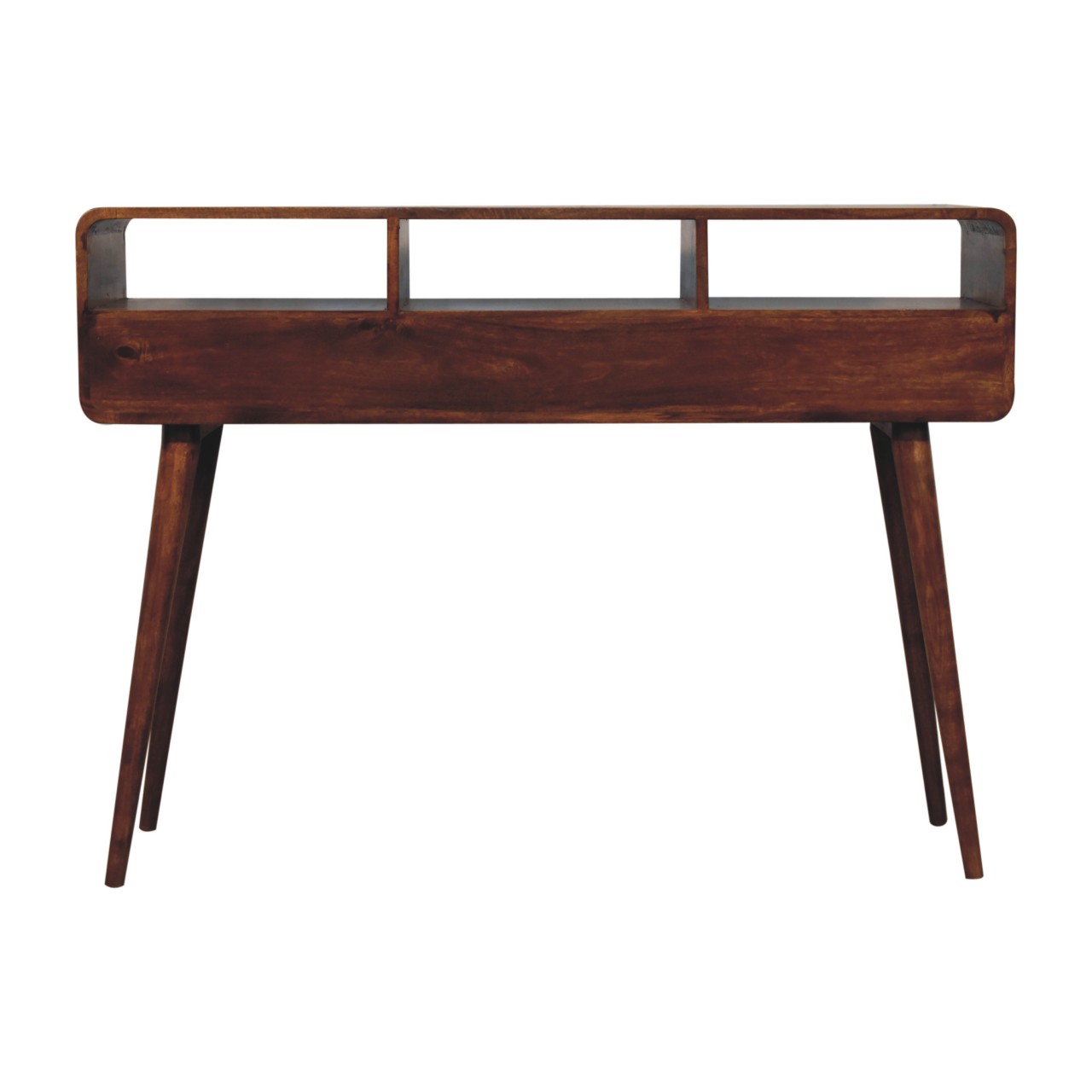Solid Mango Wood Chestnut Finished 3 Drawer Curved Console Table - Image 9