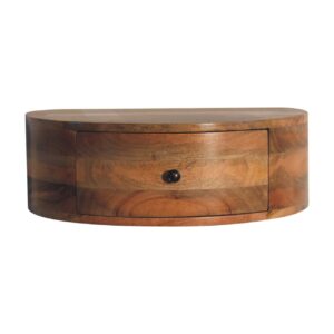 Solid Mango Wood Oak Finished 1 Drawer Large Wall Mounted Rounded Bedside