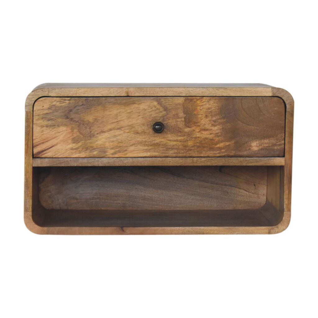 Solid Mango Wood Oak Finished Large Floating Curve Open Slot 1 Drawer Bedside