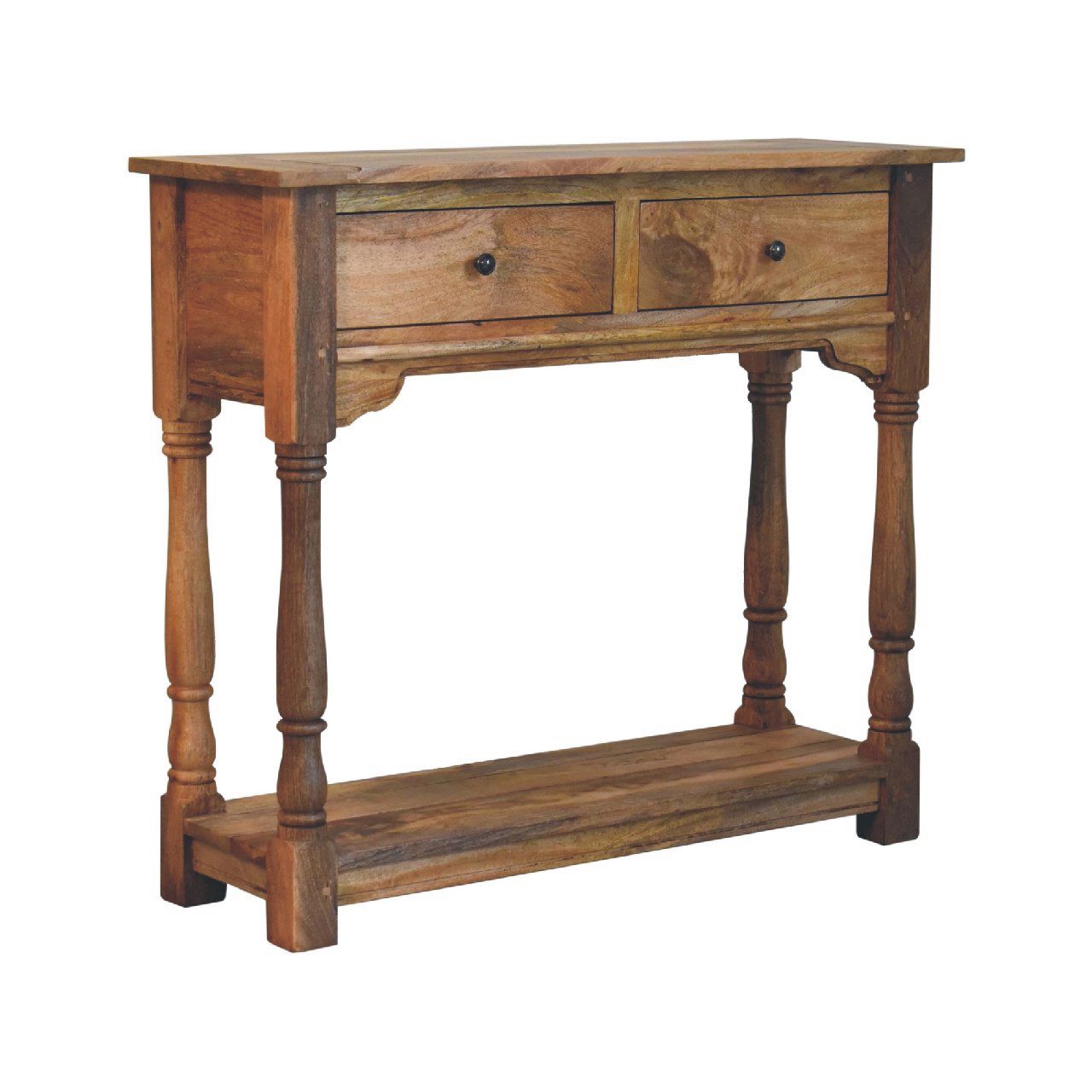 Solid Mango Wood Oak Finished Granary 2 Drawer Console Table - Image 3