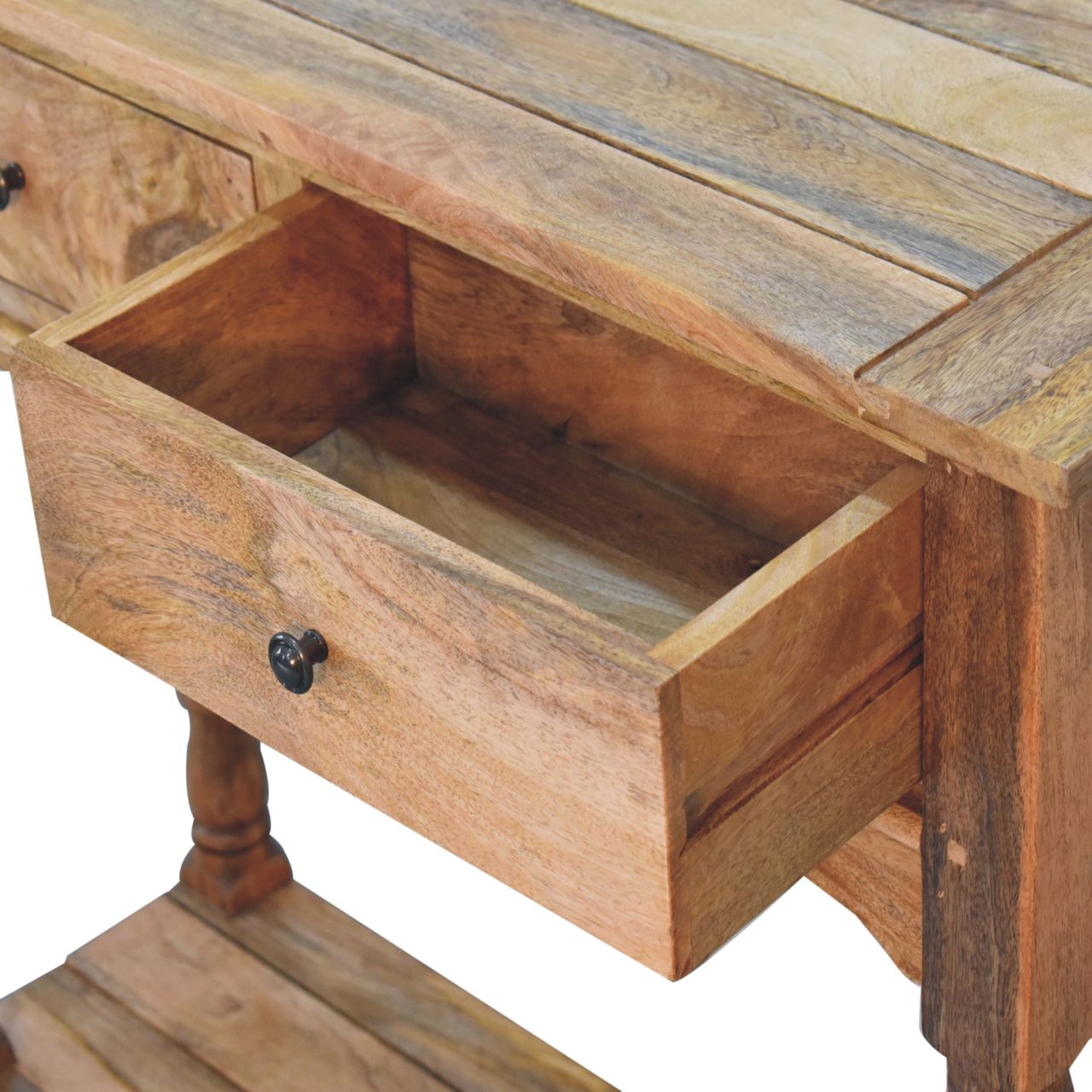 Solid Mango Wood Oak Finished Granary 2 Drawer Console Table - Image 6