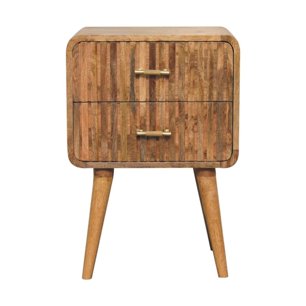 Solid Mango Wood Oak Finished 2 Drawer T-bar Ridged Pattern Bedside